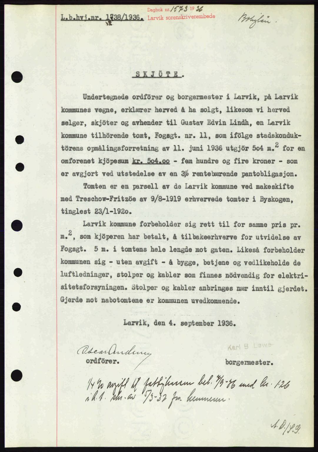 Larvik sorenskriveri, SAKO/A-83/G/Ga/Gab/L0067: Mortgage book no. A-1, 1936-1937, Diary no: : 1573/1936