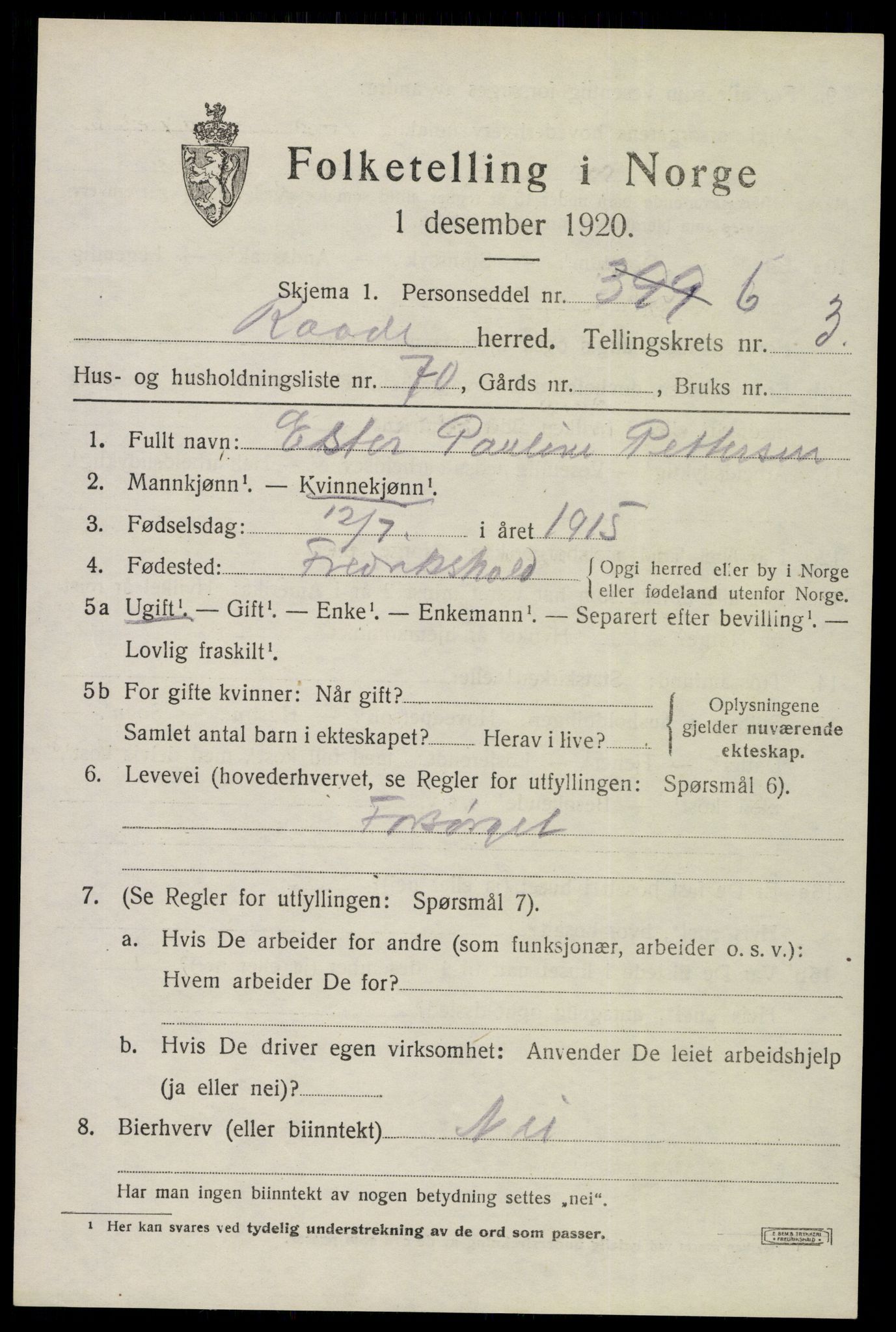 SAO, 1920 census for Råde, 1920, p. 4033