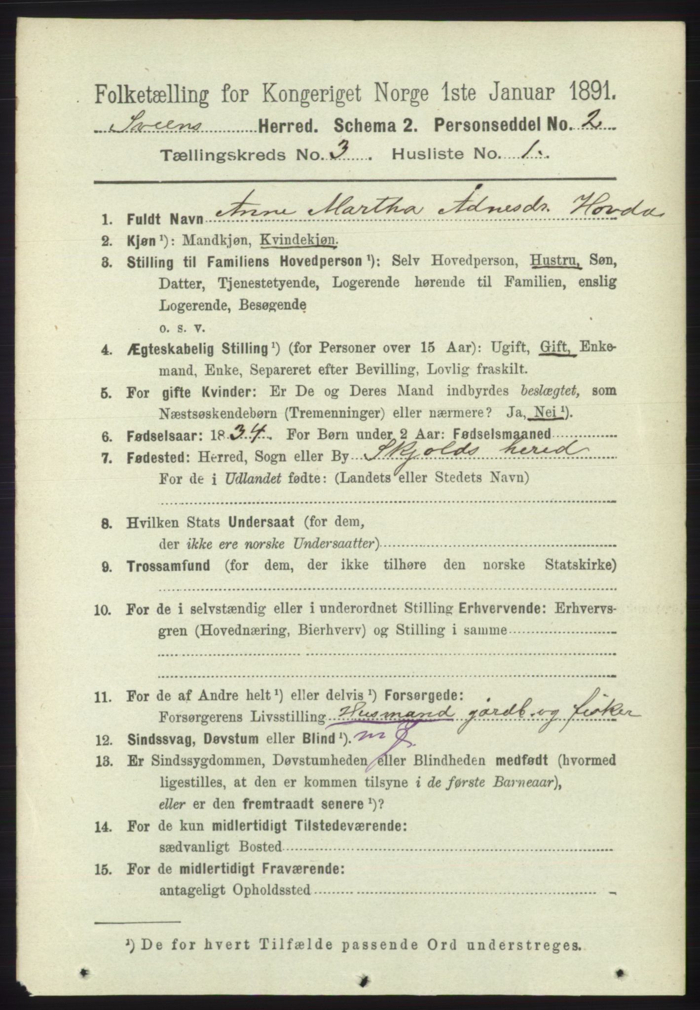 RA, 1891 census for 1216 Sveio, 1891, p. 815