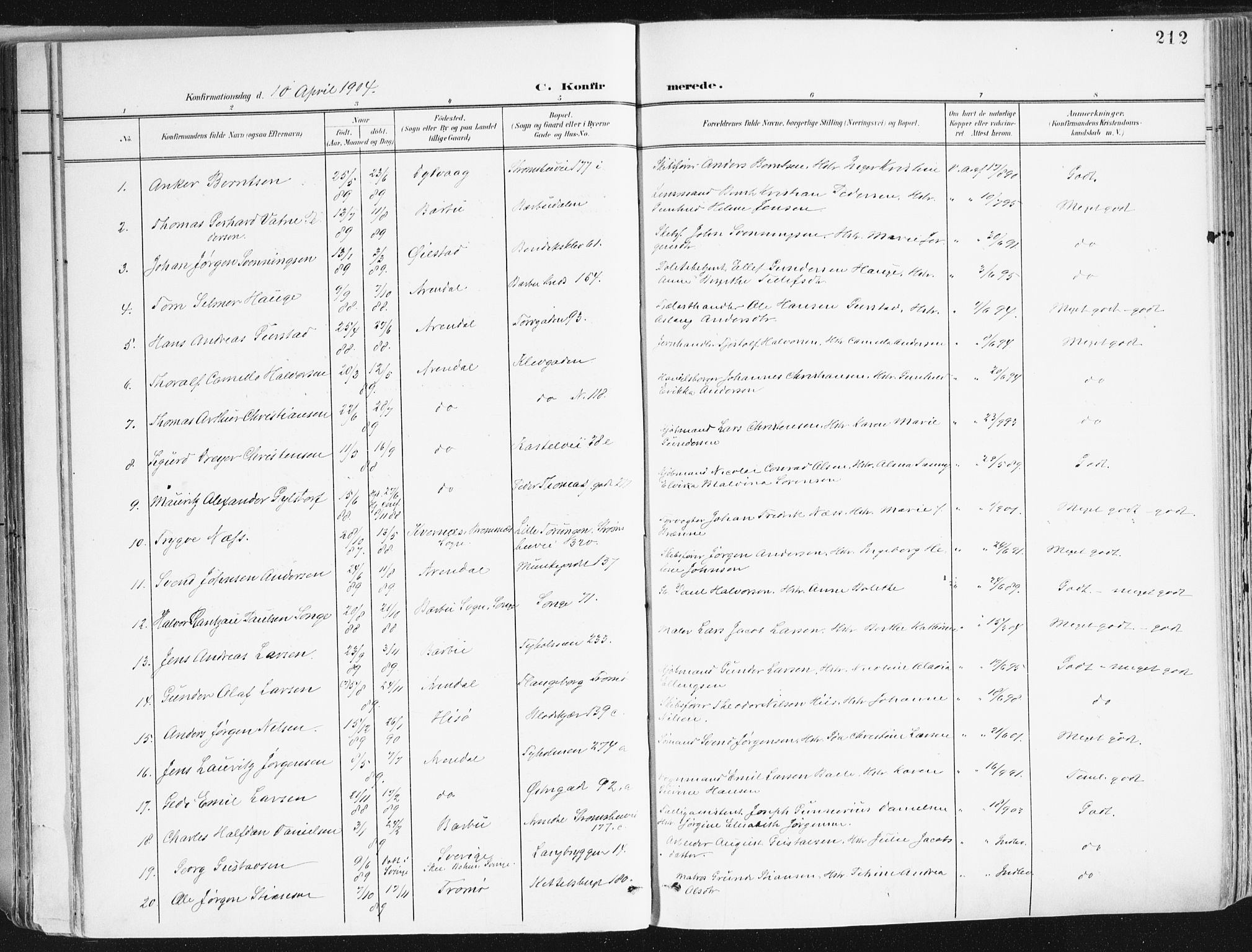 Arendal sokneprestkontor, Trefoldighet, SAK/1111-0040/F/Fa/L0010: Parish register (official) no. A 10, 1900-1919, p. 212