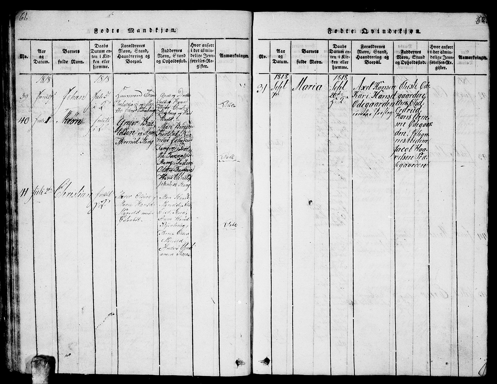 Enebakk prestekontor Kirkebøker, AV/SAO-A-10171c/G/Ga/L0001: Parish register (copy) no. I 1, 1815-1833, p. 61-62