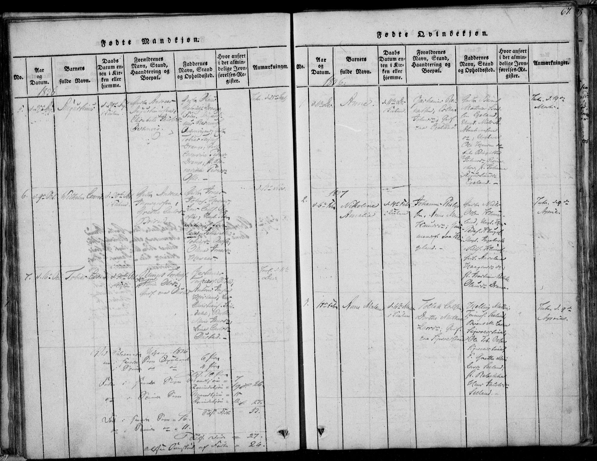 Herad sokneprestkontor, AV/SAK-1111-0018/F/Fa/Faa/L0003: Parish register (official) no. A 3, 1816-1844, p. 67