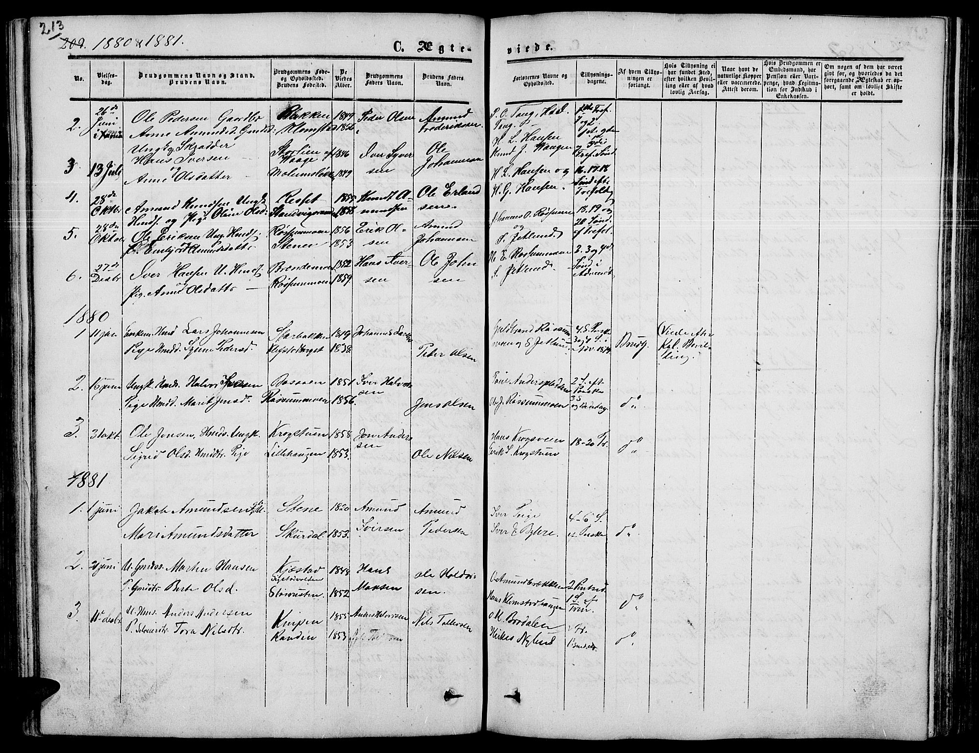 Nord-Fron prestekontor, SAH/PREST-080/H/Ha/Hab/L0003: Parish register (copy) no. 3, 1851-1886, p. 213