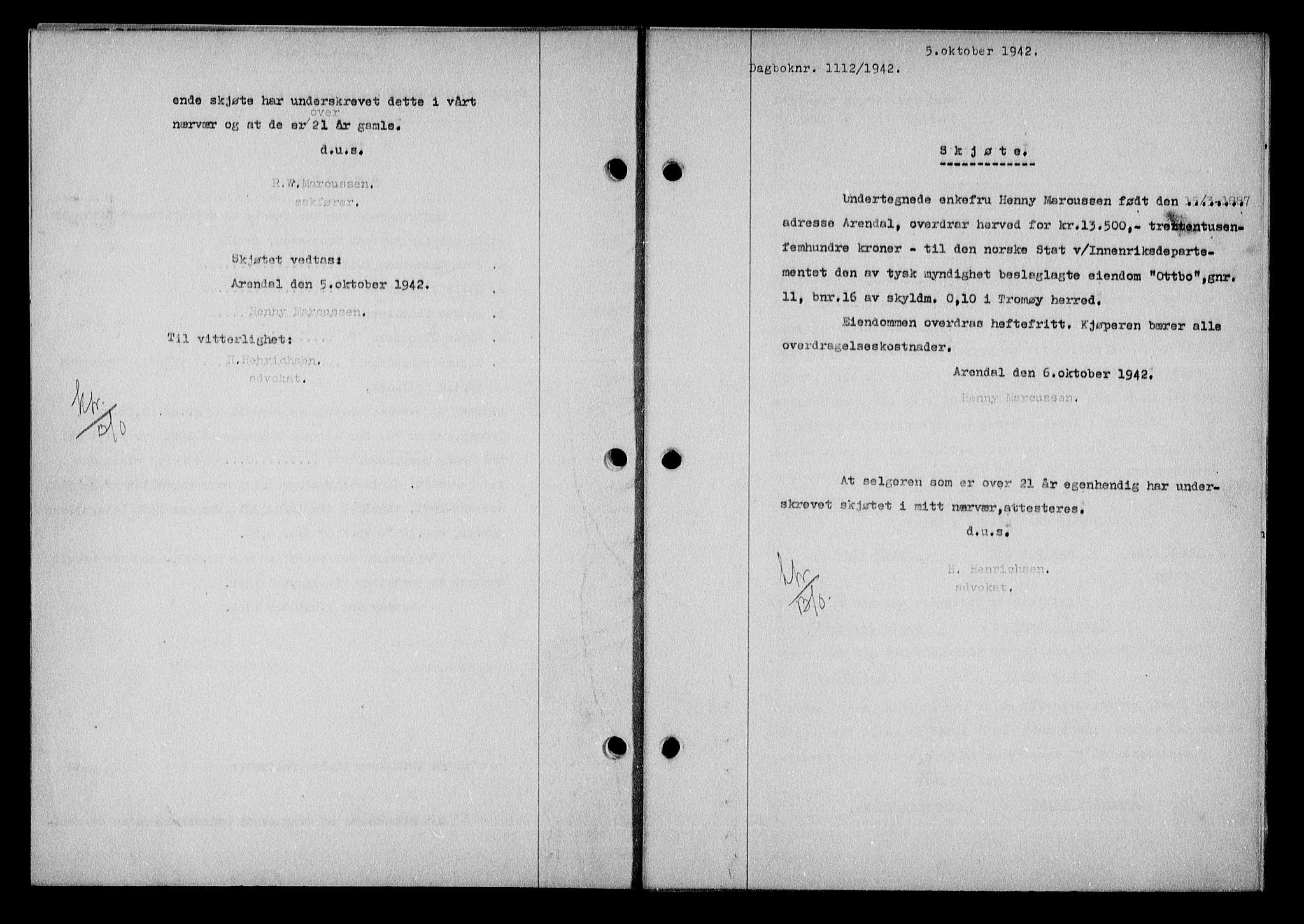Nedenes sorenskriveri, SAK/1221-0006/G/Gb/Gba/L0050: Mortgage book no. A-IV, 1942-1943, Diary no: : 1112/1942