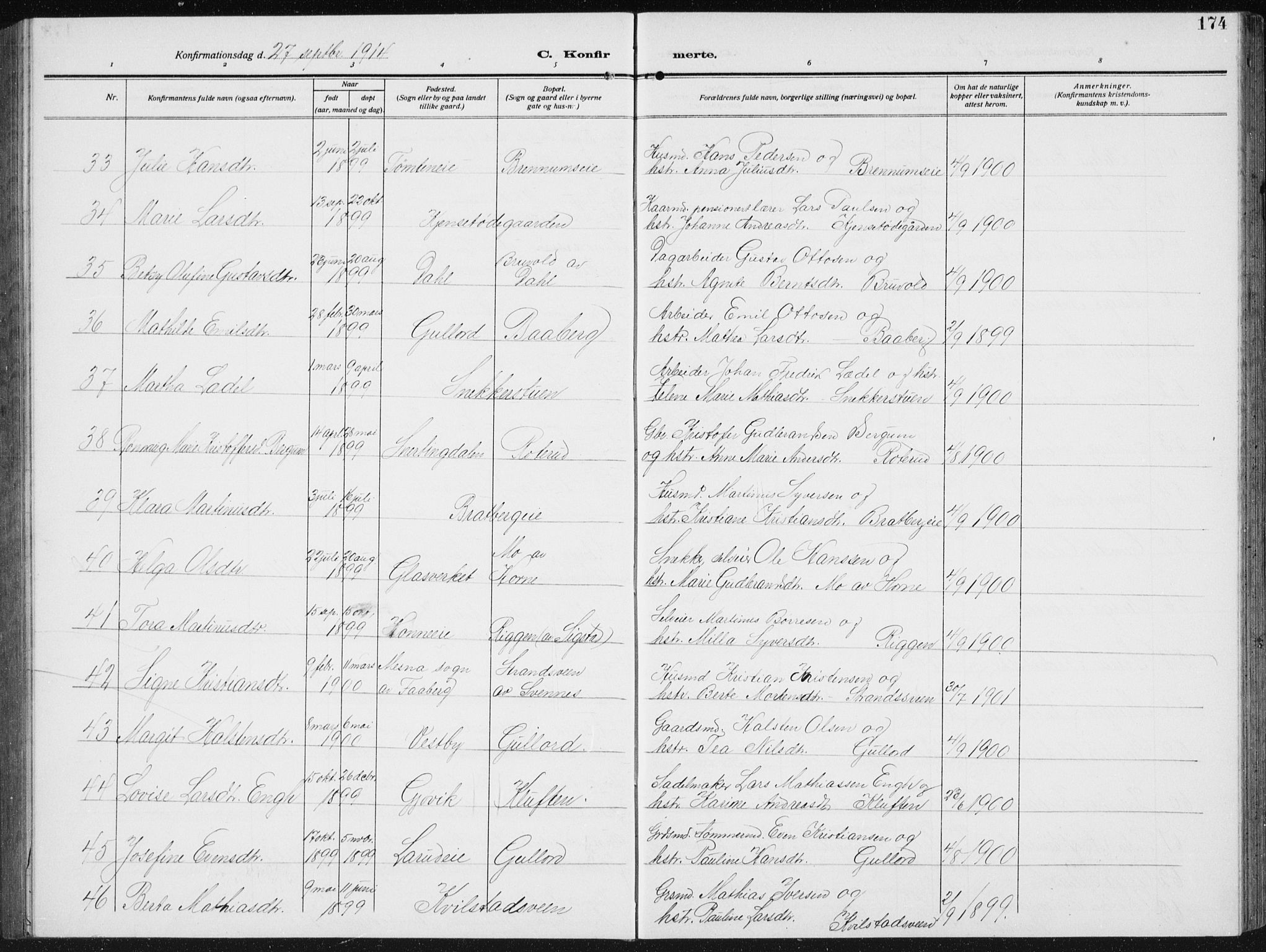 Biri prestekontor, AV/SAH-PREST-096/H/Ha/Hab/L0006: Parish register (copy) no. 6, 1909-1938, p. 174