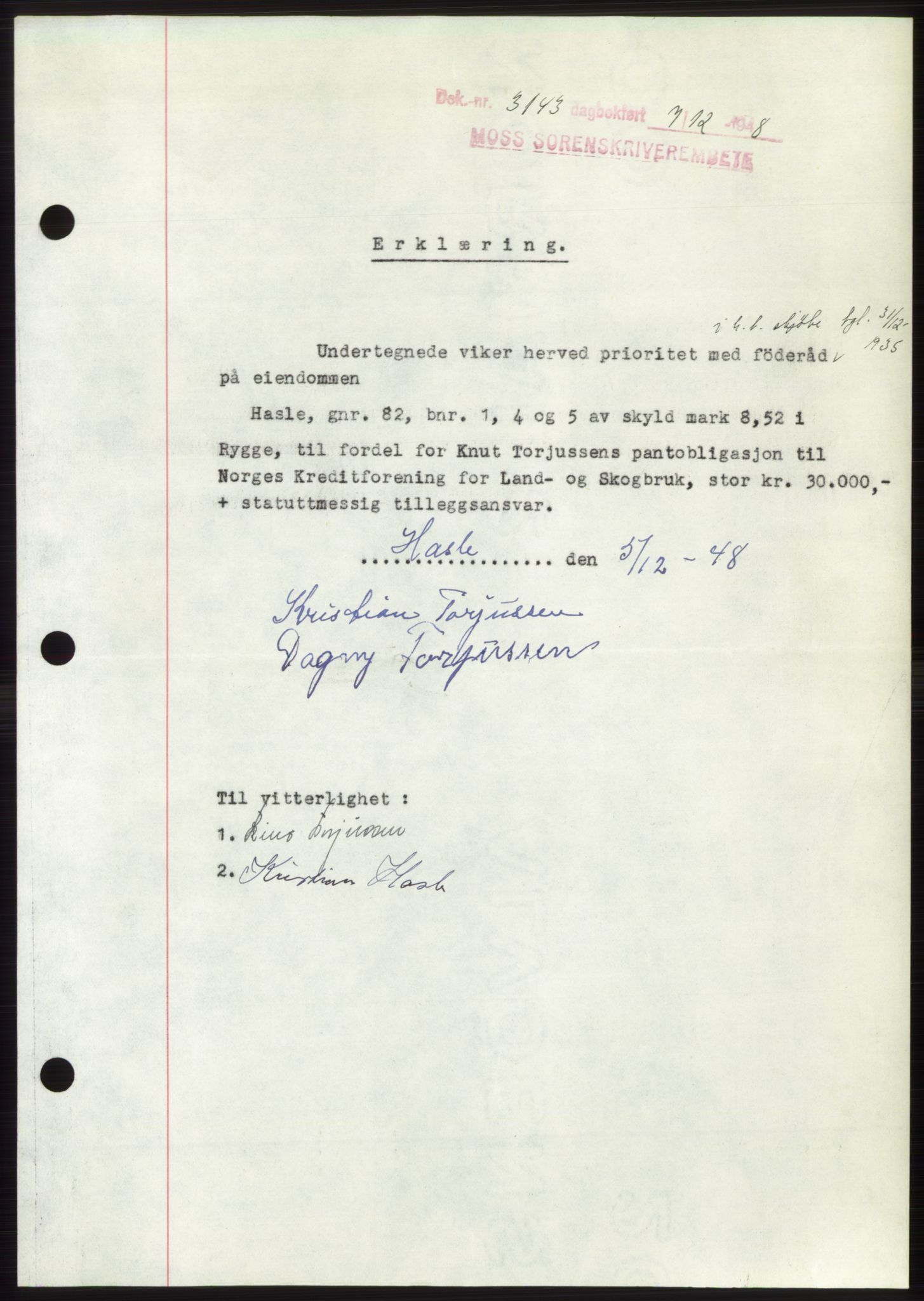 Moss sorenskriveri, AV/SAO-A-10168: Mortgage book no. B20, 1948-1948, Diary no: : 3143/1948