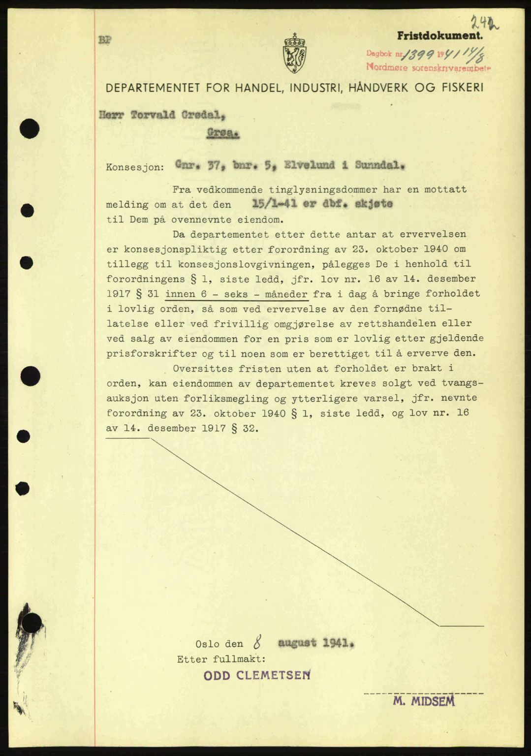 Nordmøre sorenskriveri, AV/SAT-A-4132/1/2/2Ca: Mortgage book no. B88, 1941-1942, Diary no: : 1399/1941