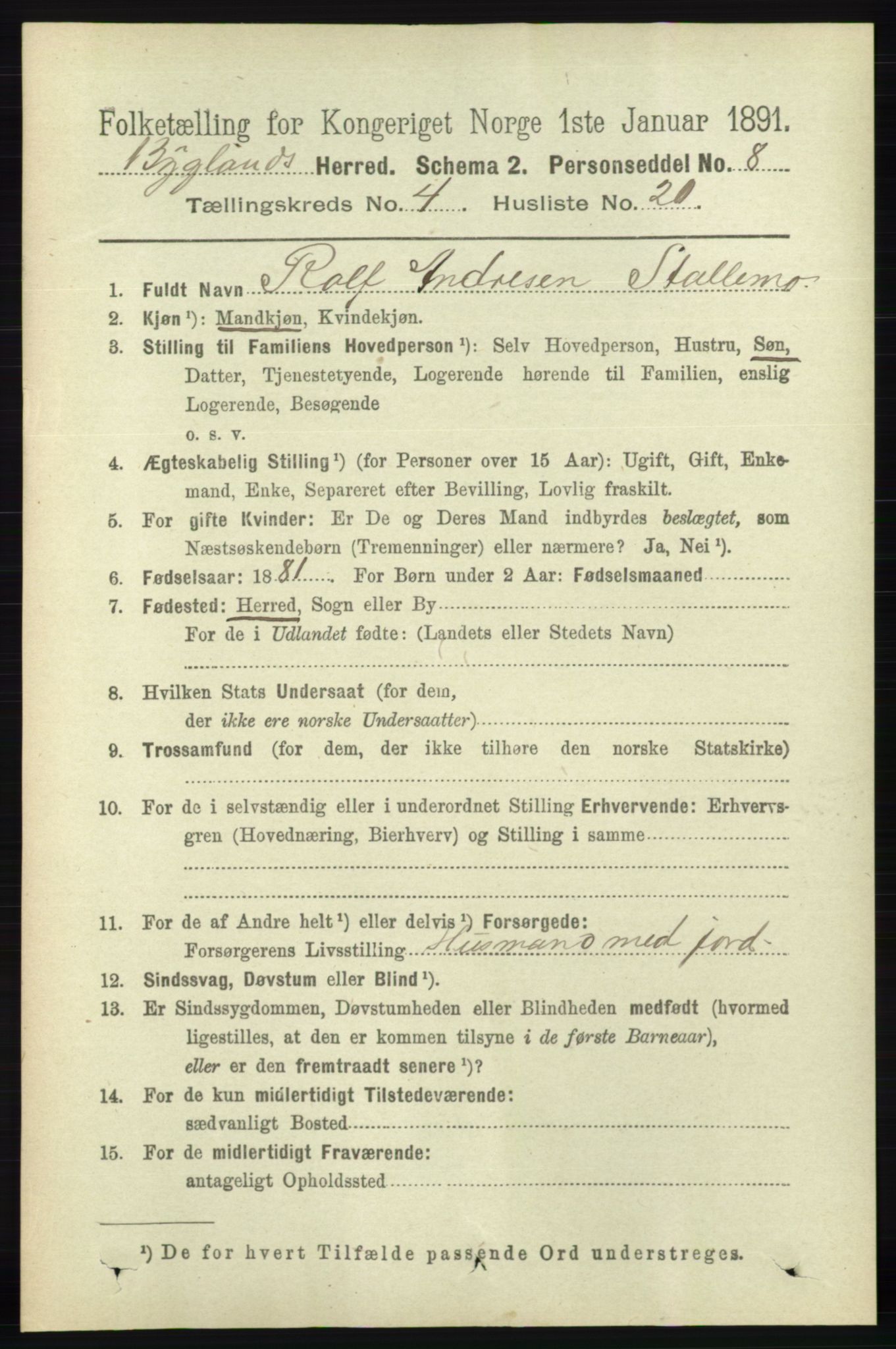 RA, 1891 census for 0938 Bygland, 1891, p. 986