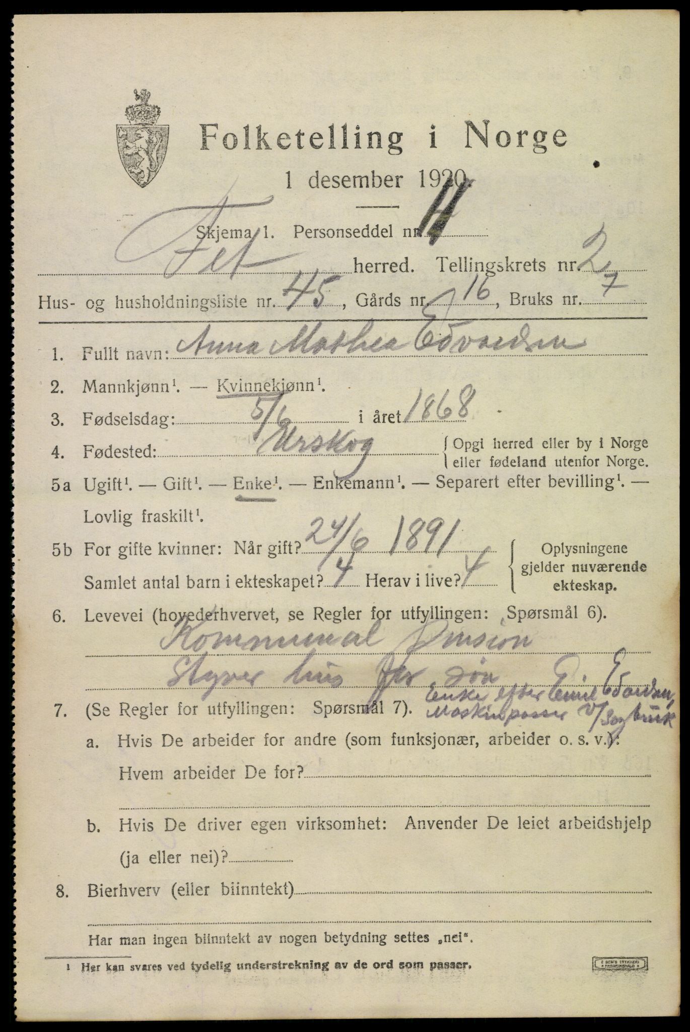 SAO, 1920 census for Fet, 1920, p. 3376