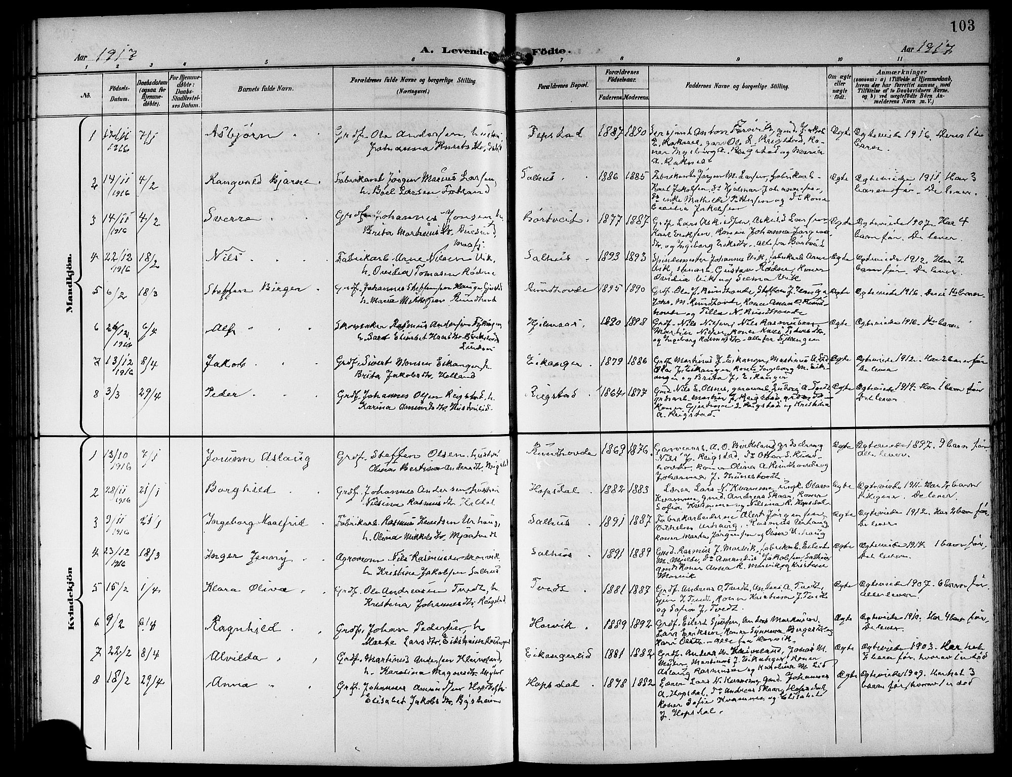 Hamre sokneprestembete, SAB/A-75501/H/Ha/Hab: Parish register (copy) no. B 4, 1898-1919, p. 103