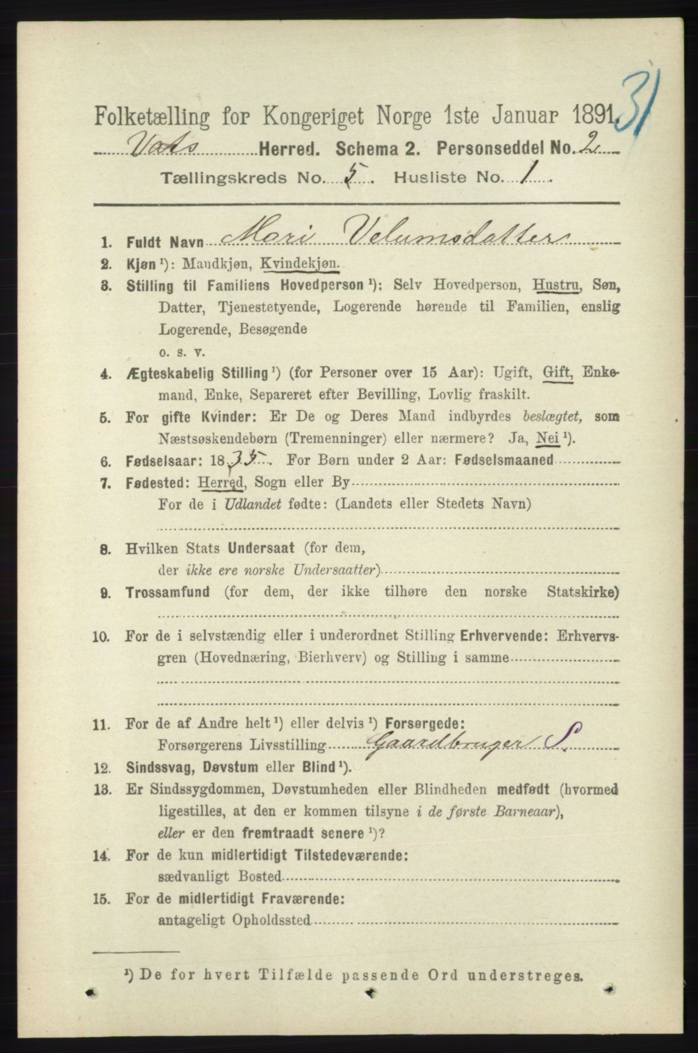 RA, 1891 census for 1155 Vats, 1891, p. 733