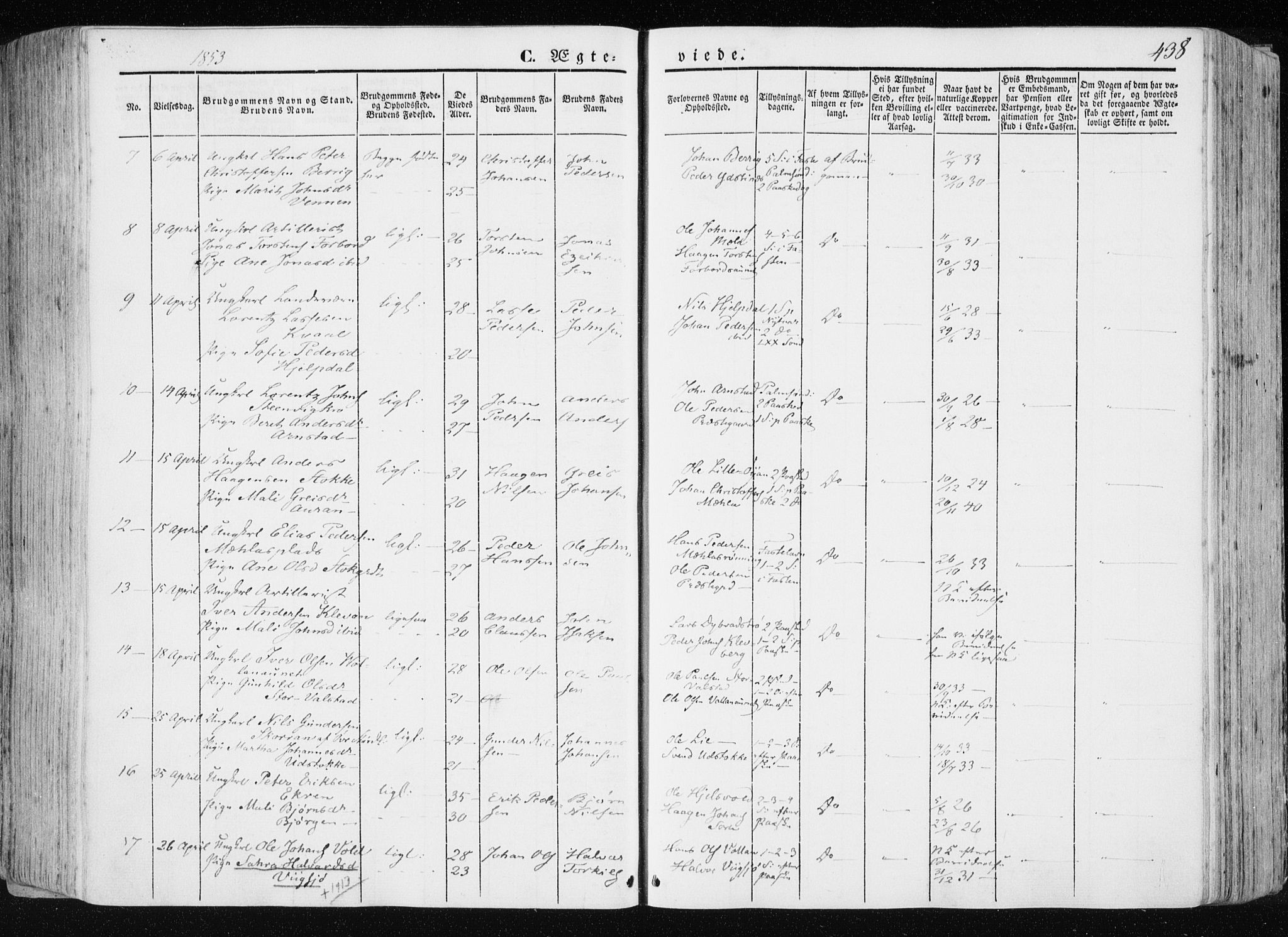 Ministerialprotokoller, klokkerbøker og fødselsregistre - Nord-Trøndelag, AV/SAT-A-1458/709/L0074: Parish register (official) no. 709A14, 1845-1858, p. 438