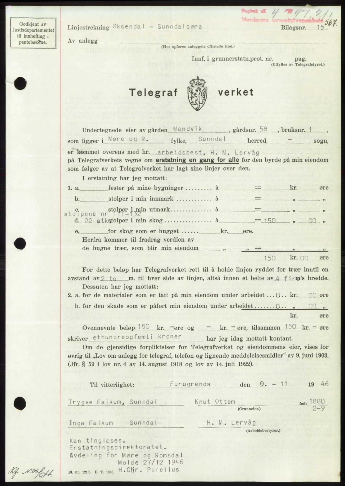 Nordmøre sorenskriveri, AV/SAT-A-4132/1/2/2Ca: Mortgage book no. B95, 1946-1947, Diary no: : 4/1947