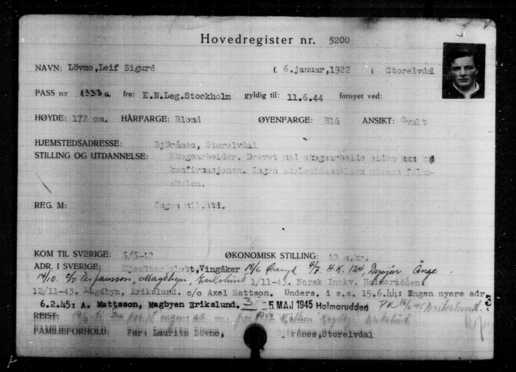 Utenriksstasjonene, Legasjonen i Stockholm, Flyktningkontoret, AV/RA-S-6753/V/Va/L0004: Kjesäterkartoteket, flyktninger med registreringsnr. 3496-6610, 1940-1945, p. 1957