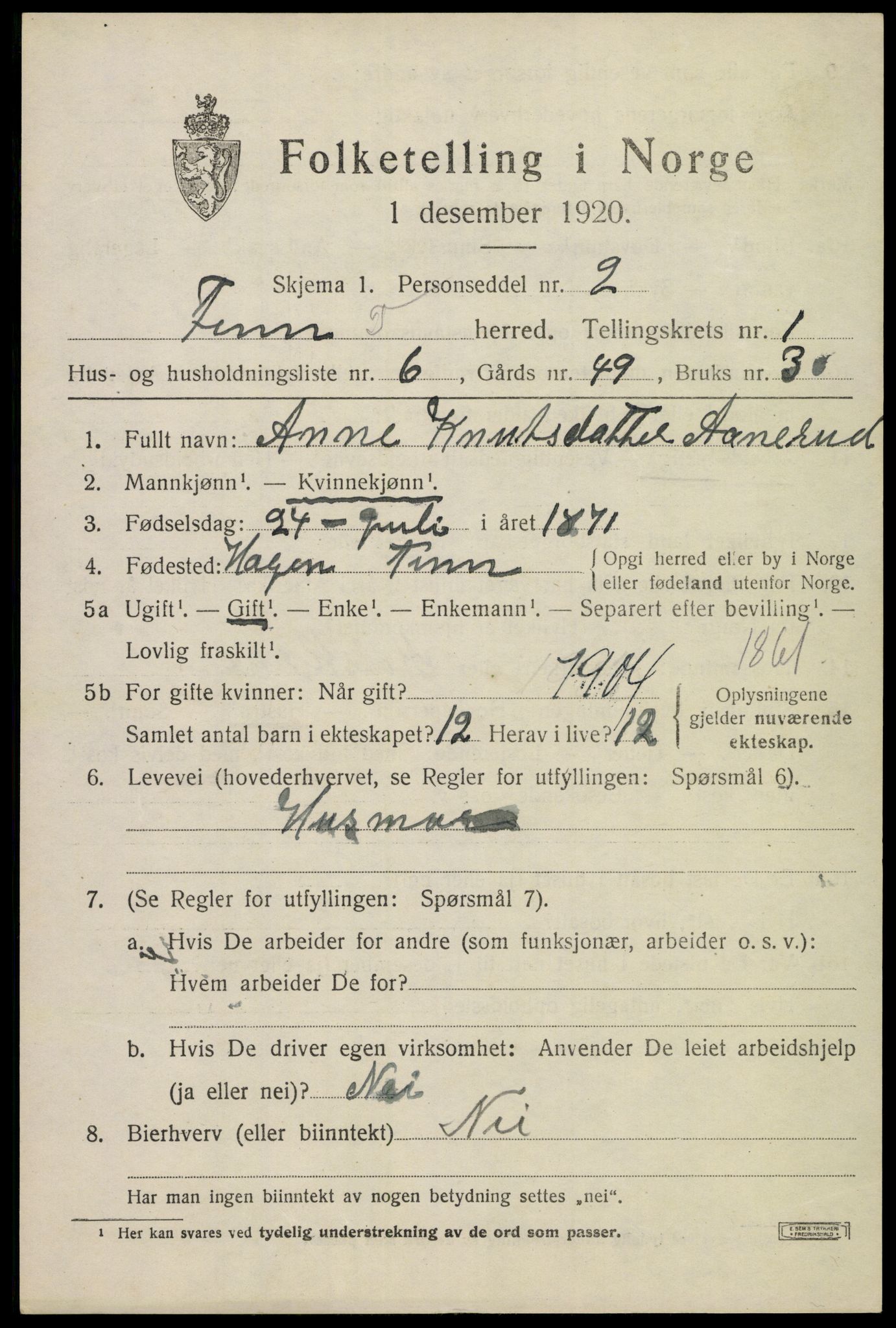 SAKO, 1920 census for Tinn, 1920, p. 2746