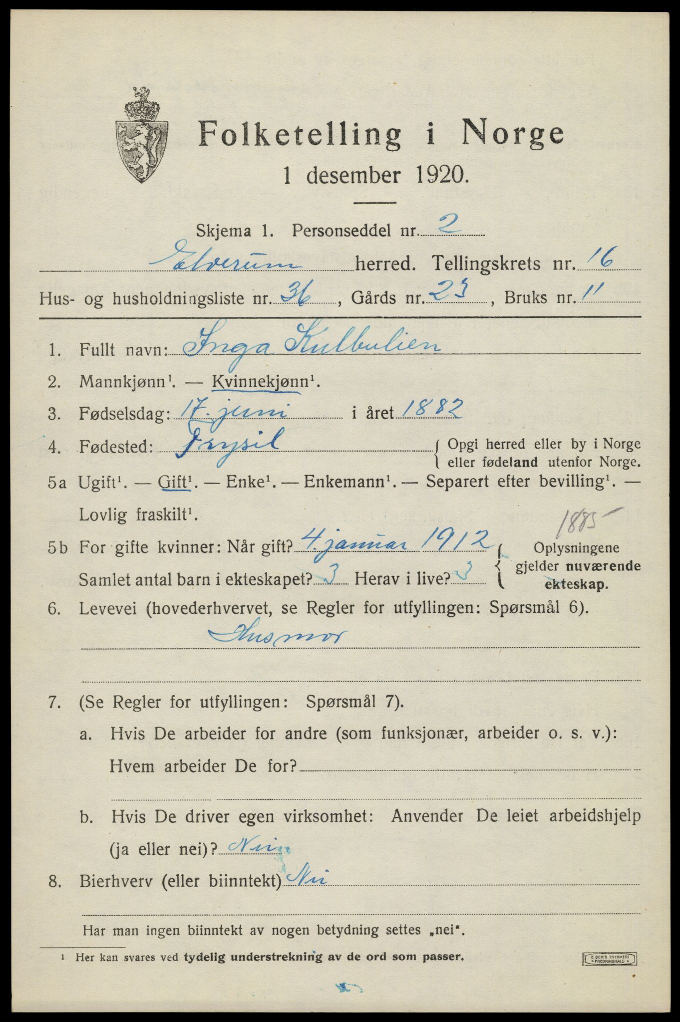 SAH, 1920 census for Elverum, 1920, p. 21190