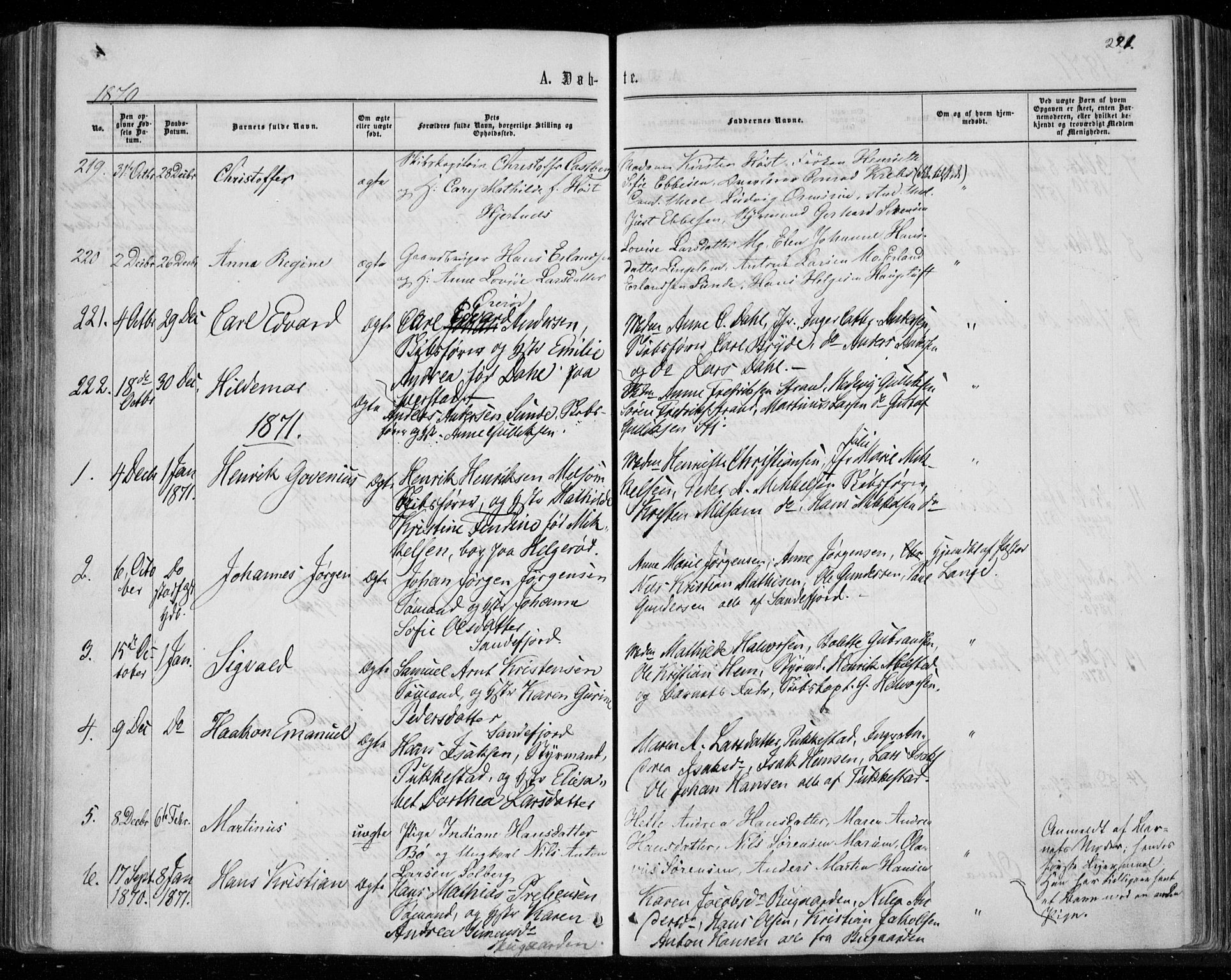 Sandar kirkebøker, SAKO/A-243/F/Fa/L0008: Parish register (official) no. 8, 1862-1871, p. 221
