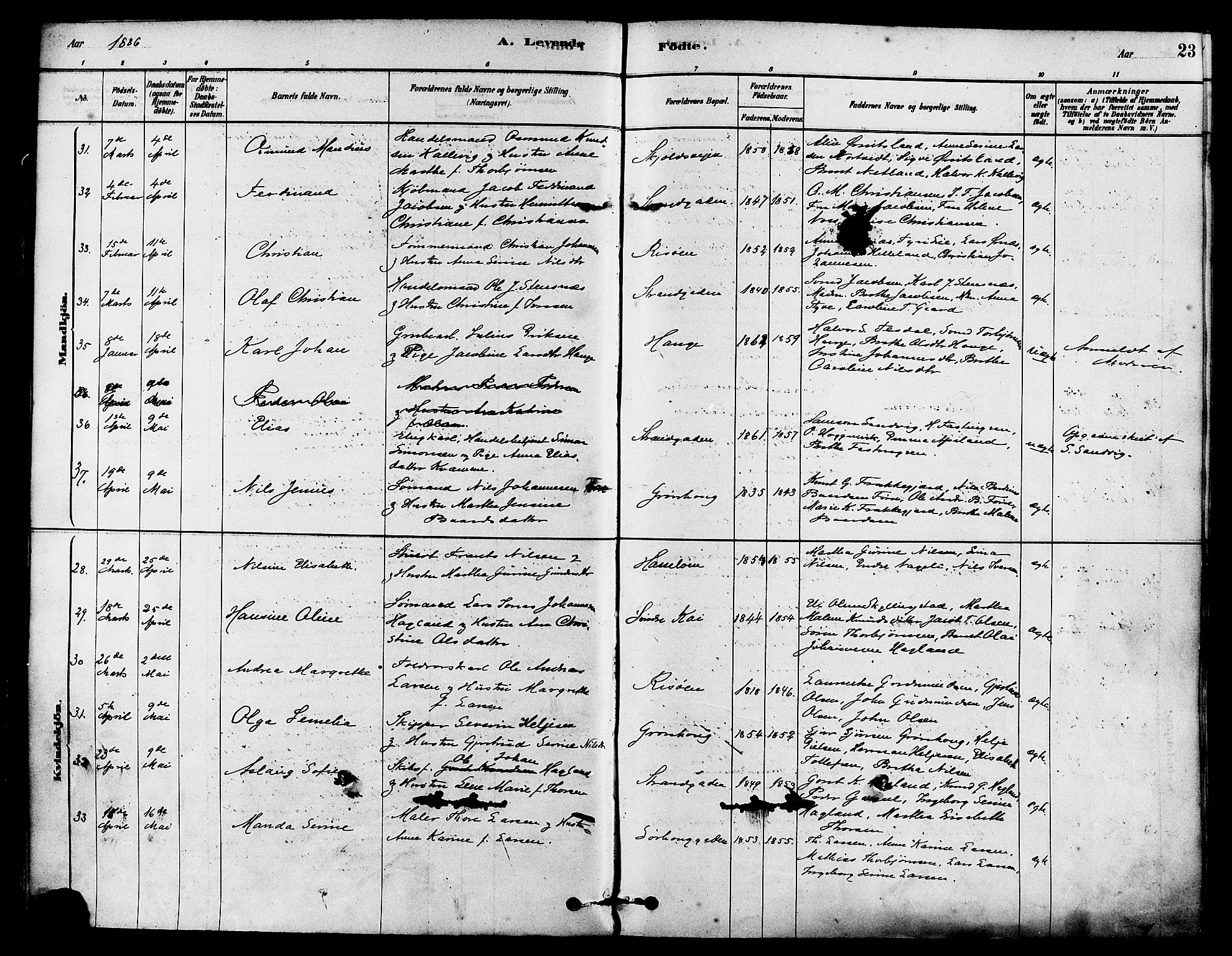 Haugesund sokneprestkontor, AV/SAST-A -101863/H/Ha/Haa/L0003: Parish register (official) no. A 3, 1885-1890, p. 23