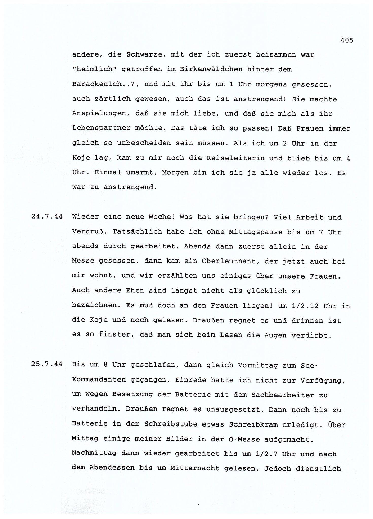 Dagbokopptegnelser av en tysk marineoffiser stasjonert i Norge , FMFB/A-1160/F/L0001: Dagbokopptegnelser av en tysk marineoffiser stasjonert i Norge, 1941-1944, p. 405