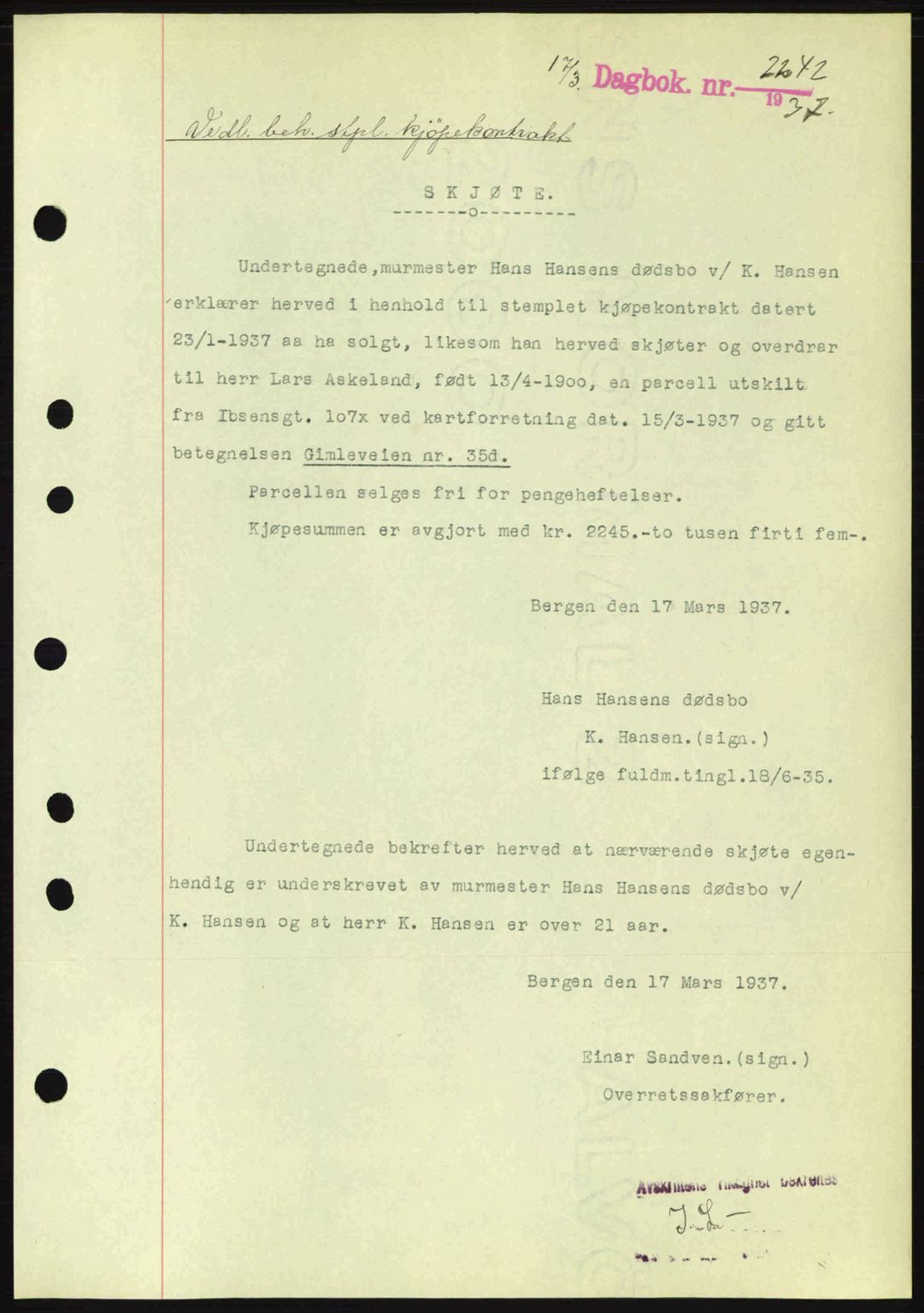 Byfogd og Byskriver i Bergen, SAB/A-3401/03/03Bc/L0004: Mortgage book no. A3-4, 1936-1937, Diary no: : 2242/1937