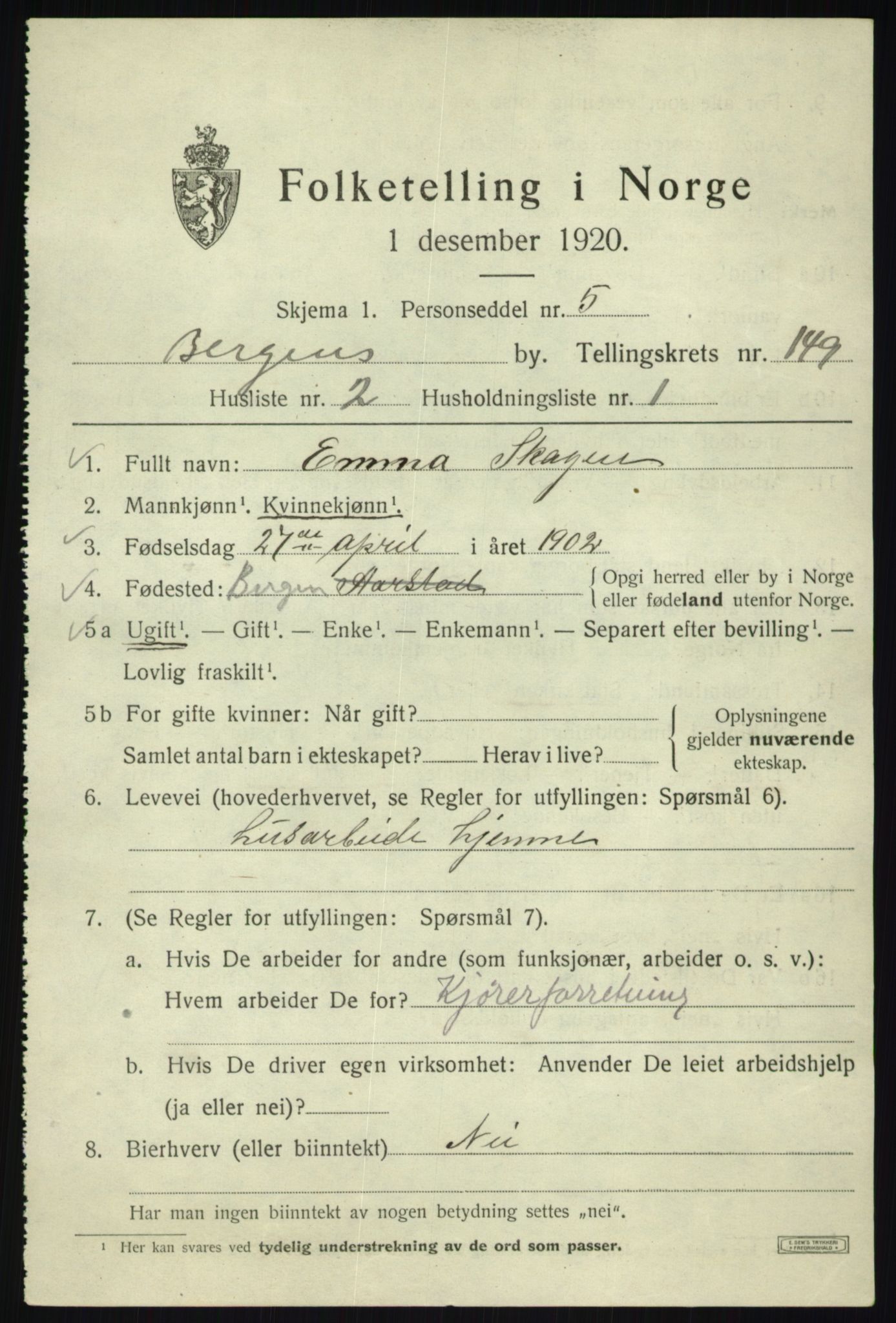 SAB, 1920 census for Bergen, 1920, p. 244860