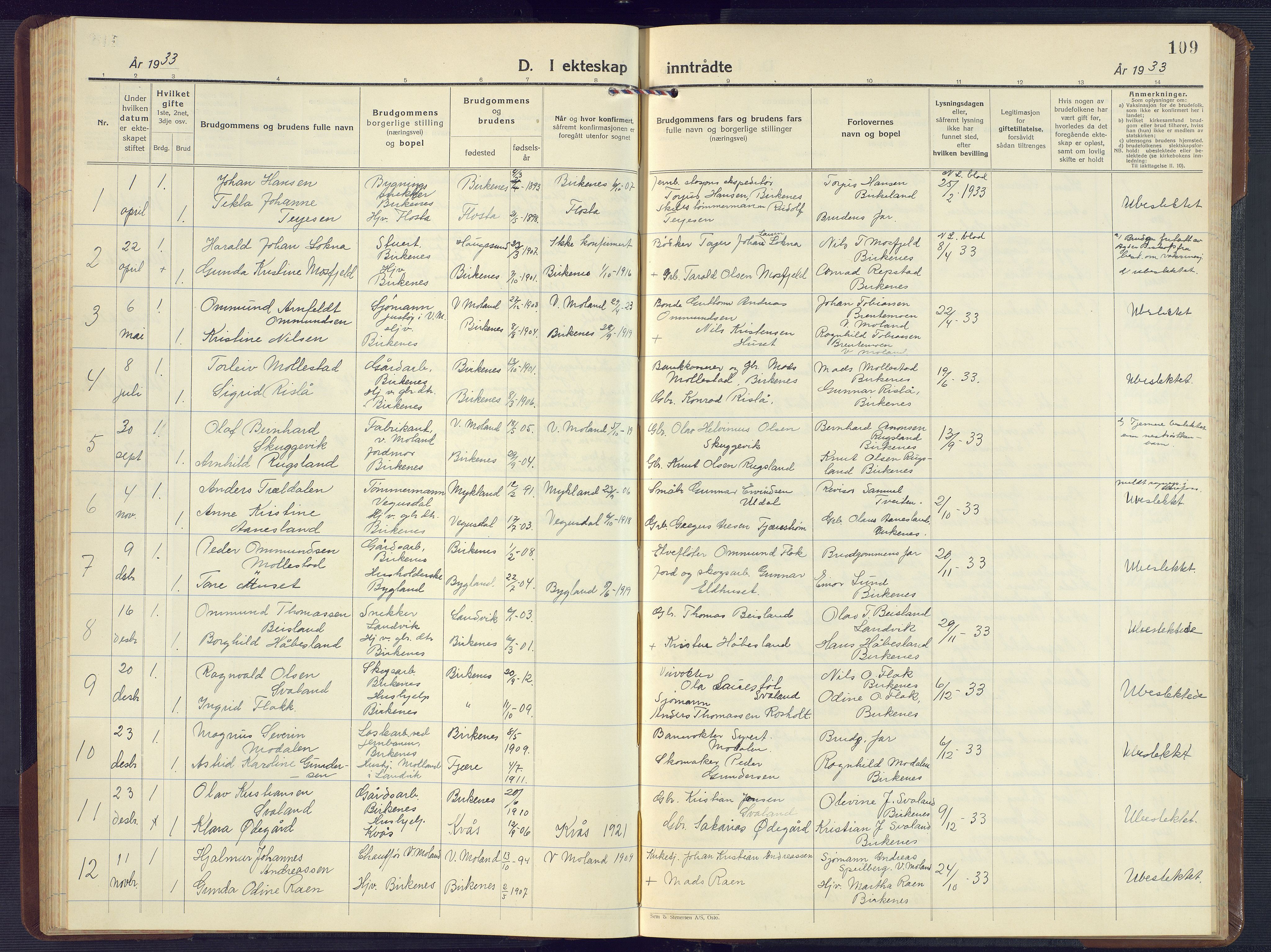 Birkenes sokneprestkontor, SAK/1111-0004/F/Fb/L0005: Parish register (copy) no. B 5, 1930-1957, p. 109