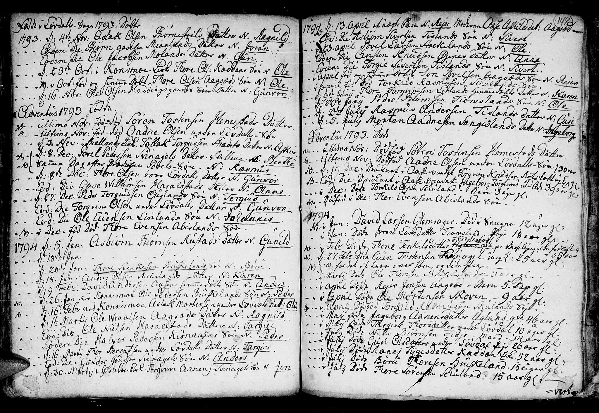Holum sokneprestkontor, SAK/1111-0022/F/Fb/Fba/L0001: Parish register (copy) no. B 1 /3, 1770-1802, p. 148