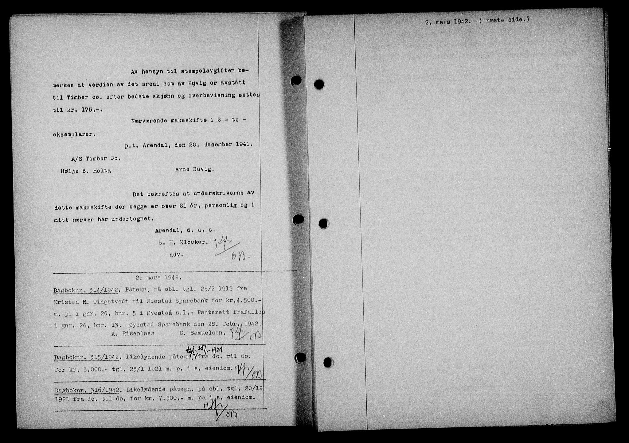Nedenes sorenskriveri, SAK/1221-0006/G/Gb/Gba/L0049: Mortgage book no. A-III, 1941-1942, Diary no: : 314/1942