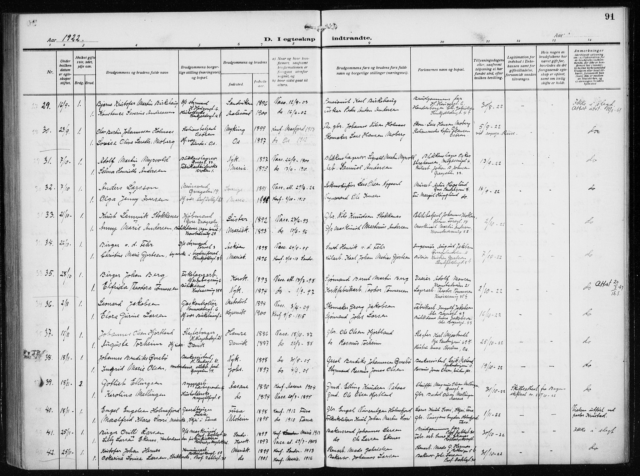 Mariakirken Sokneprestembete, AV/SAB-A-76901/H/Haa/L0015: Parish register (official) no. C 3, 1913-1927, p. 91