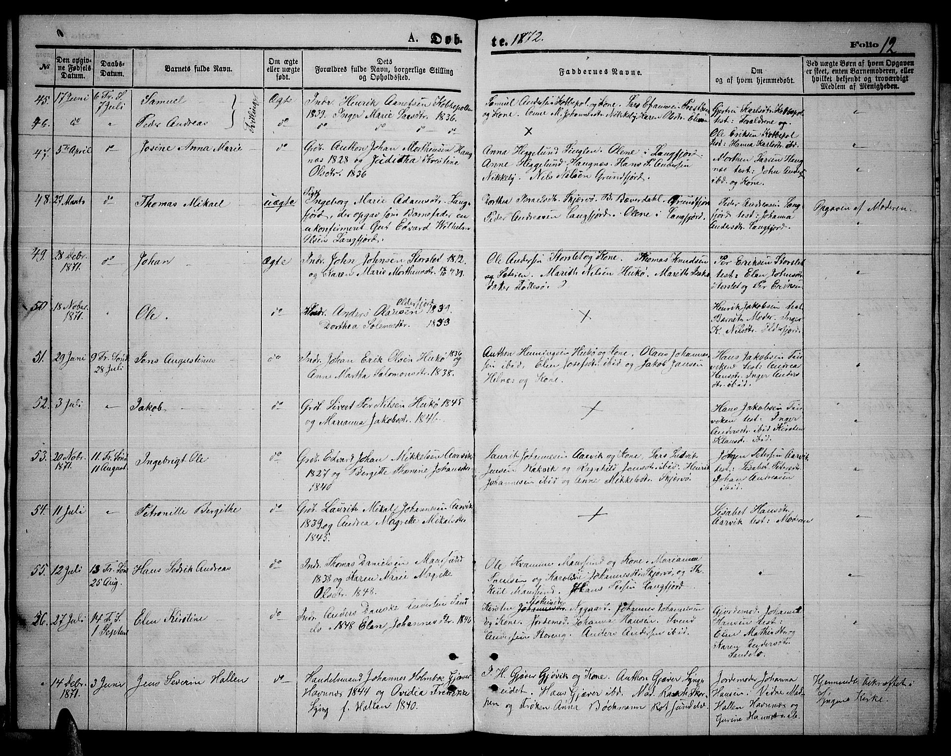 Skjervøy sokneprestkontor, AV/SATØ-S-1300/H/Ha/Hab/L0005klokker: Parish register (copy) no. 5, 1871-1877, p. 12