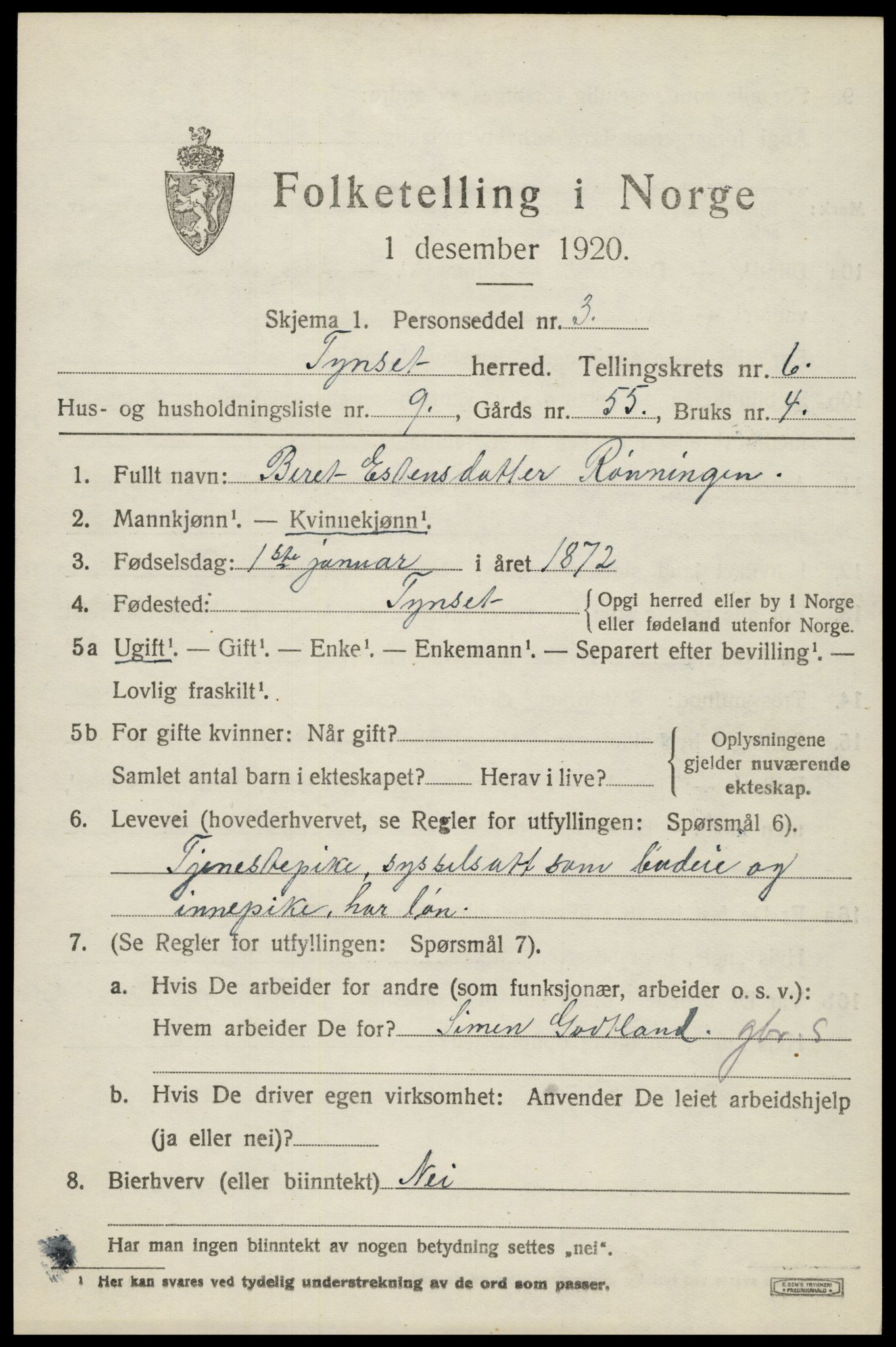 SAH, 1920 census for Tynset, 1920, p. 5626