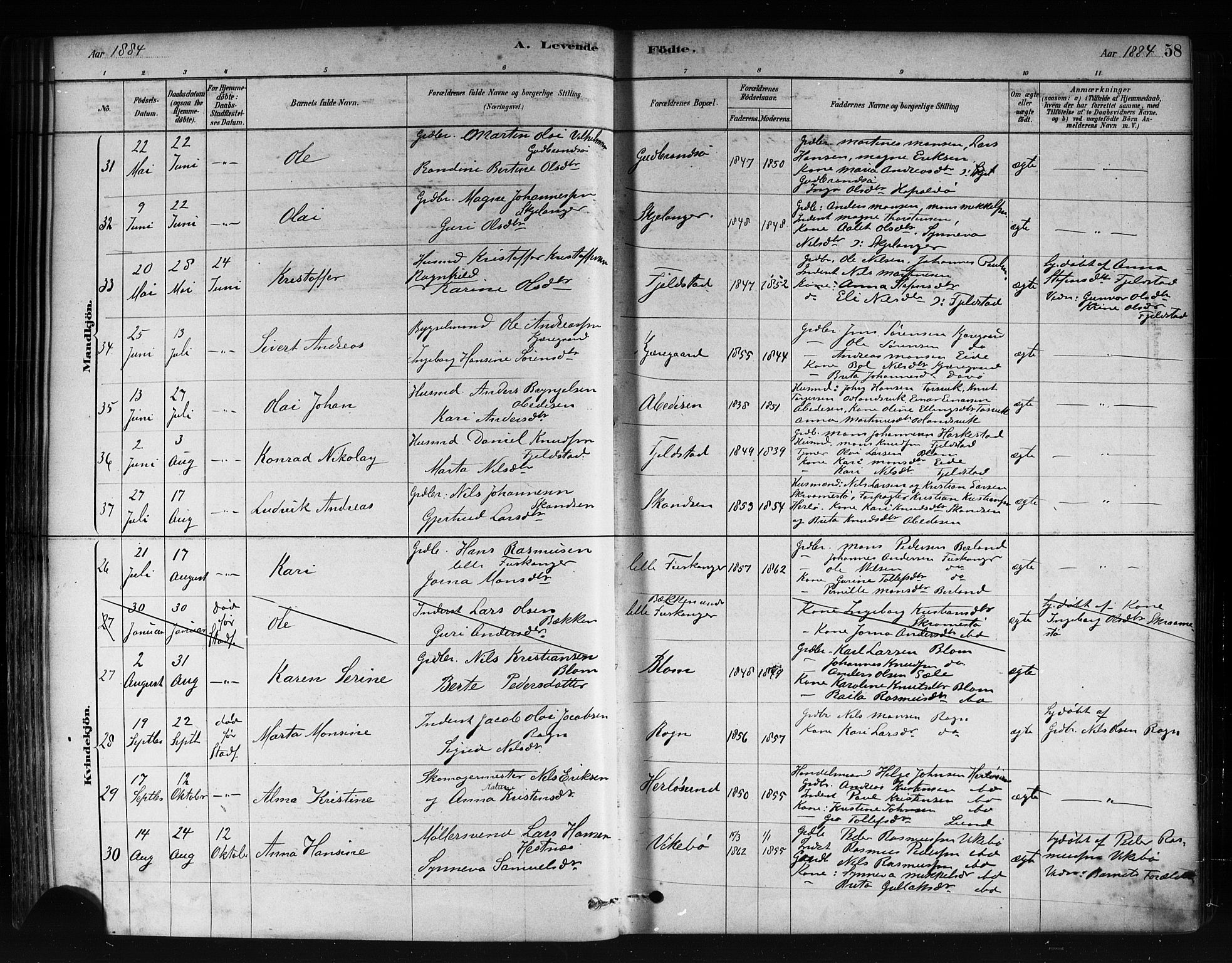 Herdla Sokneprestembete, AV/SAB-A-75701/H/Haa: Parish register (official) no. A 3, 1878-1890, p. 58