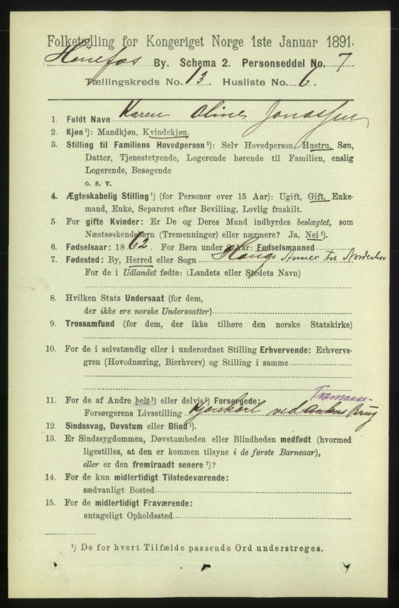 RA, 1891 census for 0601 Hønefoss, 1891, p. 1644