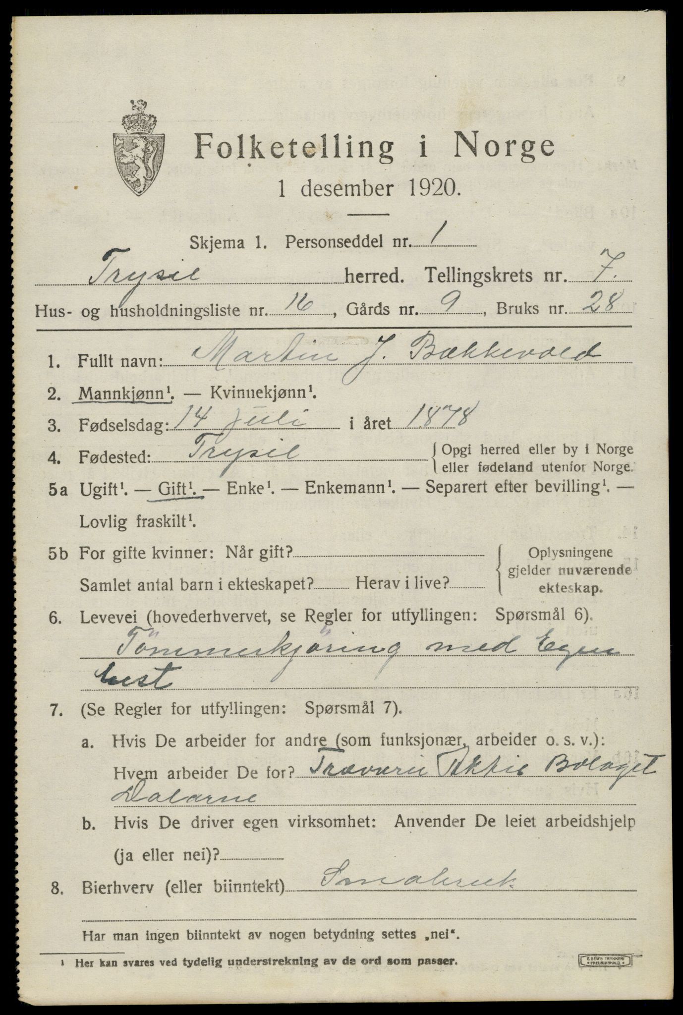 SAH, 1920 census for Trysil, 1920, p. 5387