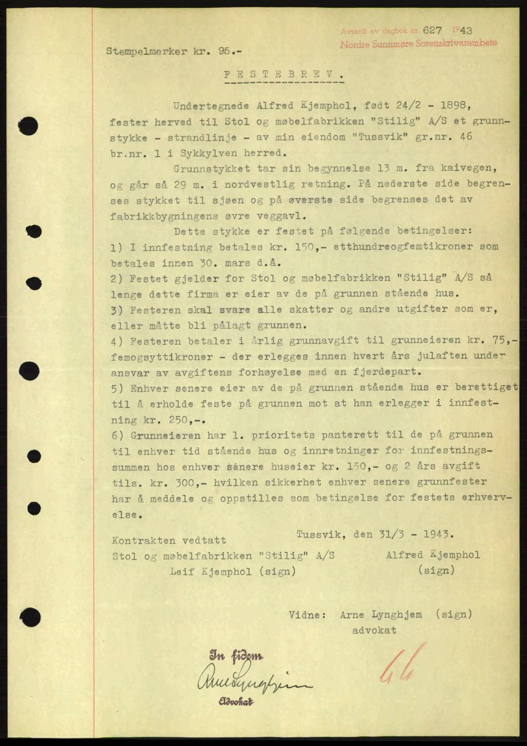 Nordre Sunnmøre sorenskriveri, AV/SAT-A-0006/1/2/2C/2Ca: Mortgage book no. A15, 1942-1943, Diary no: : 627/1943