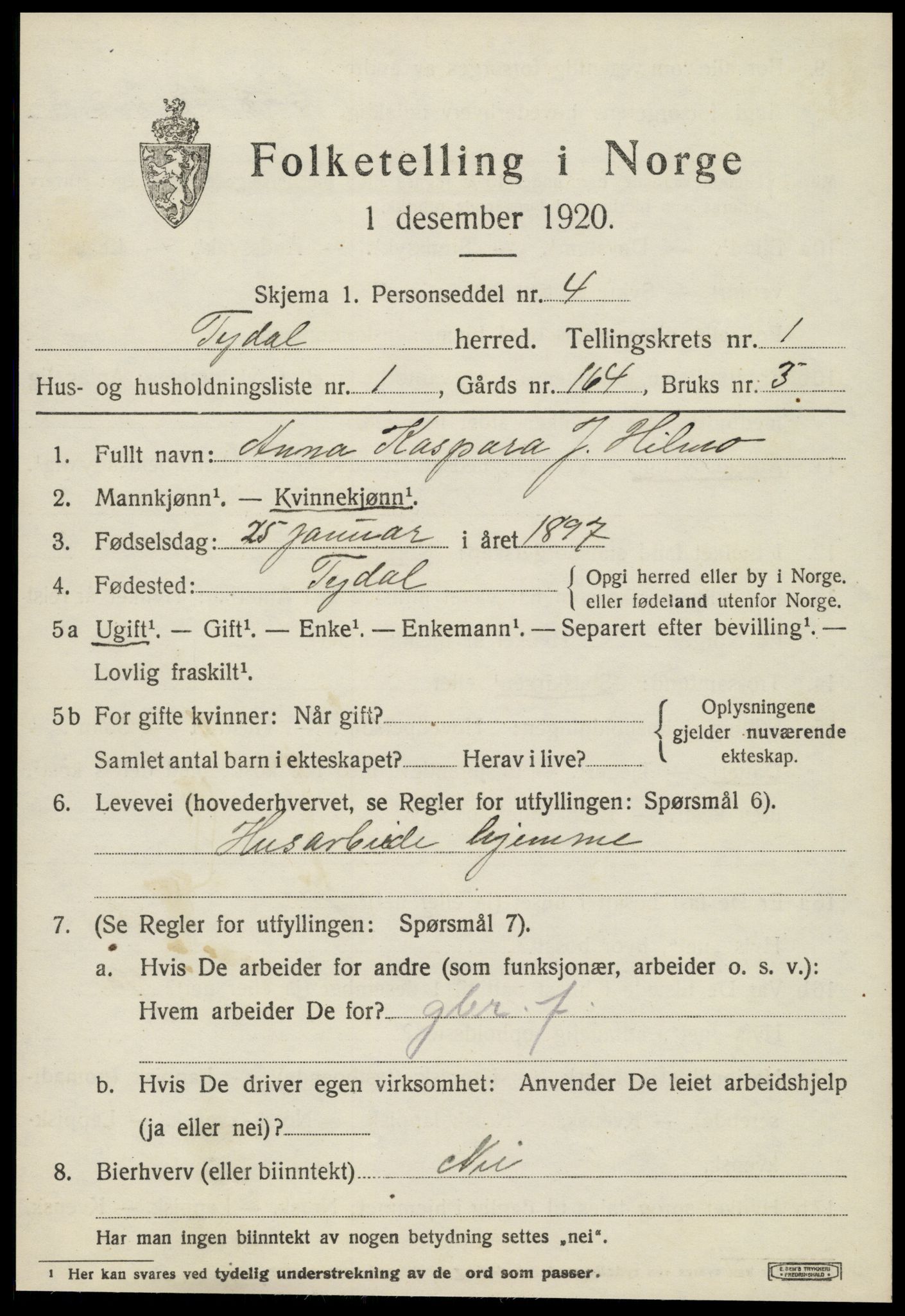 SAT, 1920 census for Tydal, 1920, p. 315