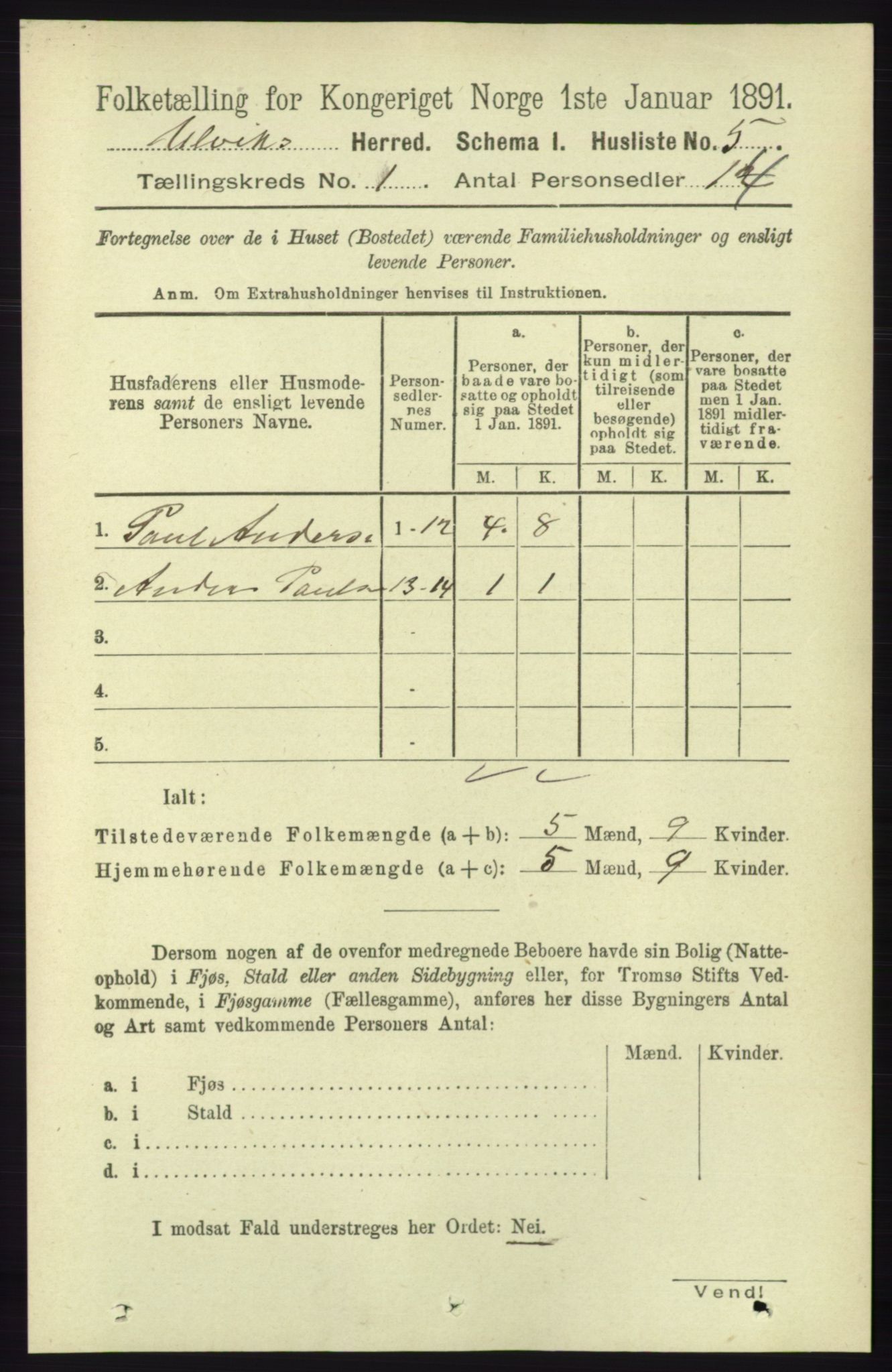 RA, 1891 census for 1233 Ulvik, 1891, p. 45