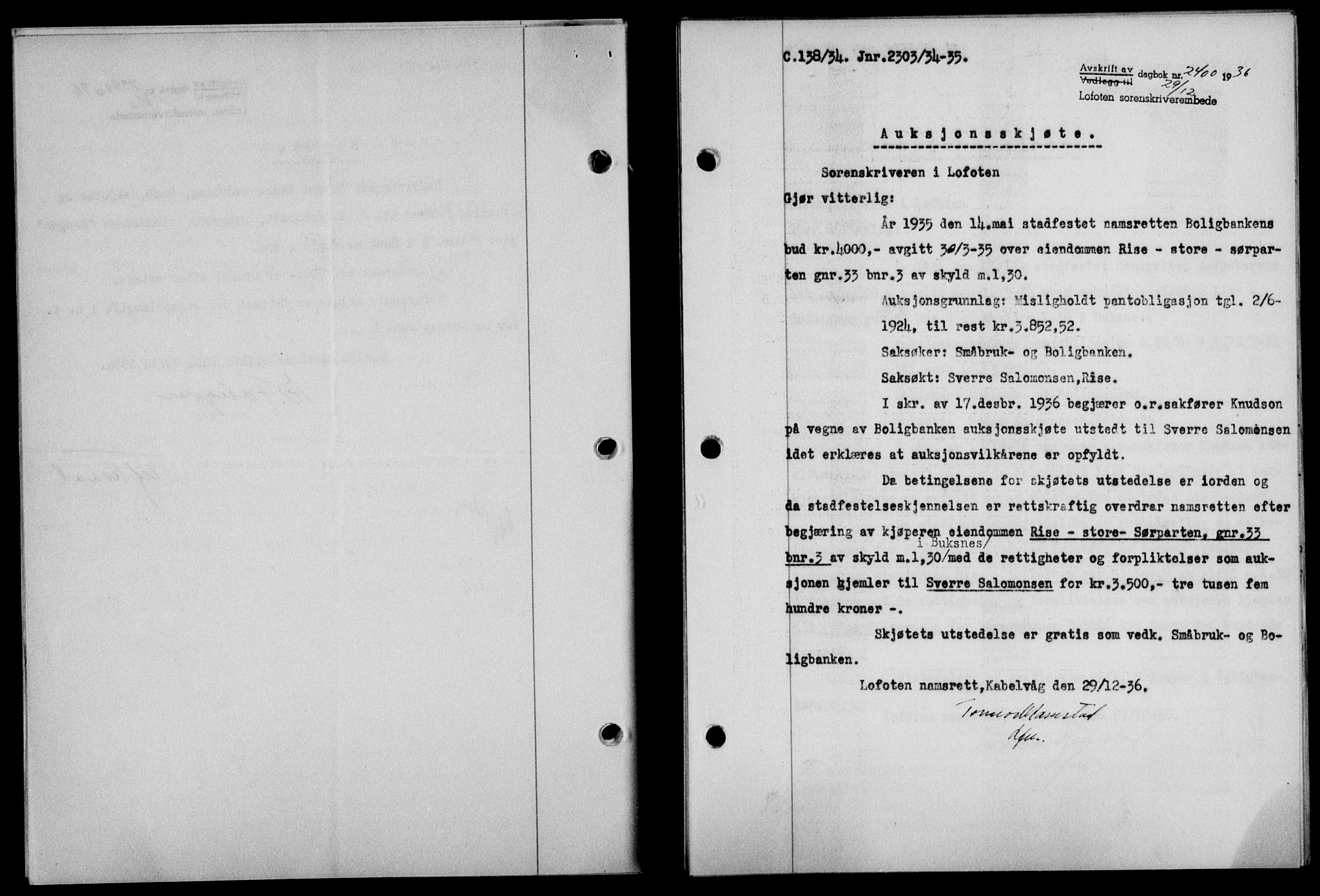 Lofoten sorenskriveri, SAT/A-0017/1/2/2C/L0001a: Mortgage book no. 1a, 1936-1937, Diary no: : 2400/1936