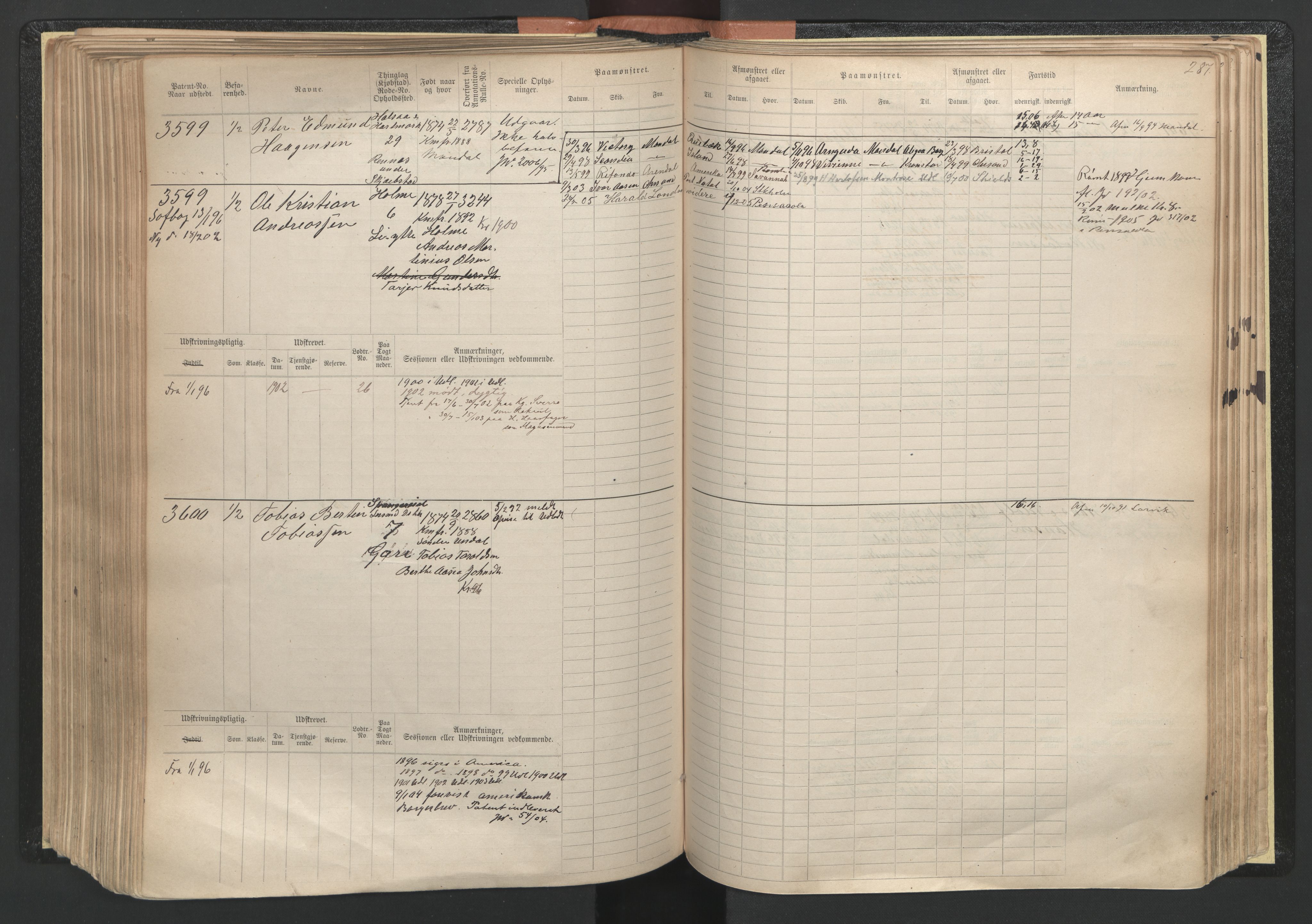 Mandal mønstringskrets, SAK/2031-0016/F/Fb/L0005: Hovedrulle nr 3033-3794, L-10, 1888-1940, p. 289