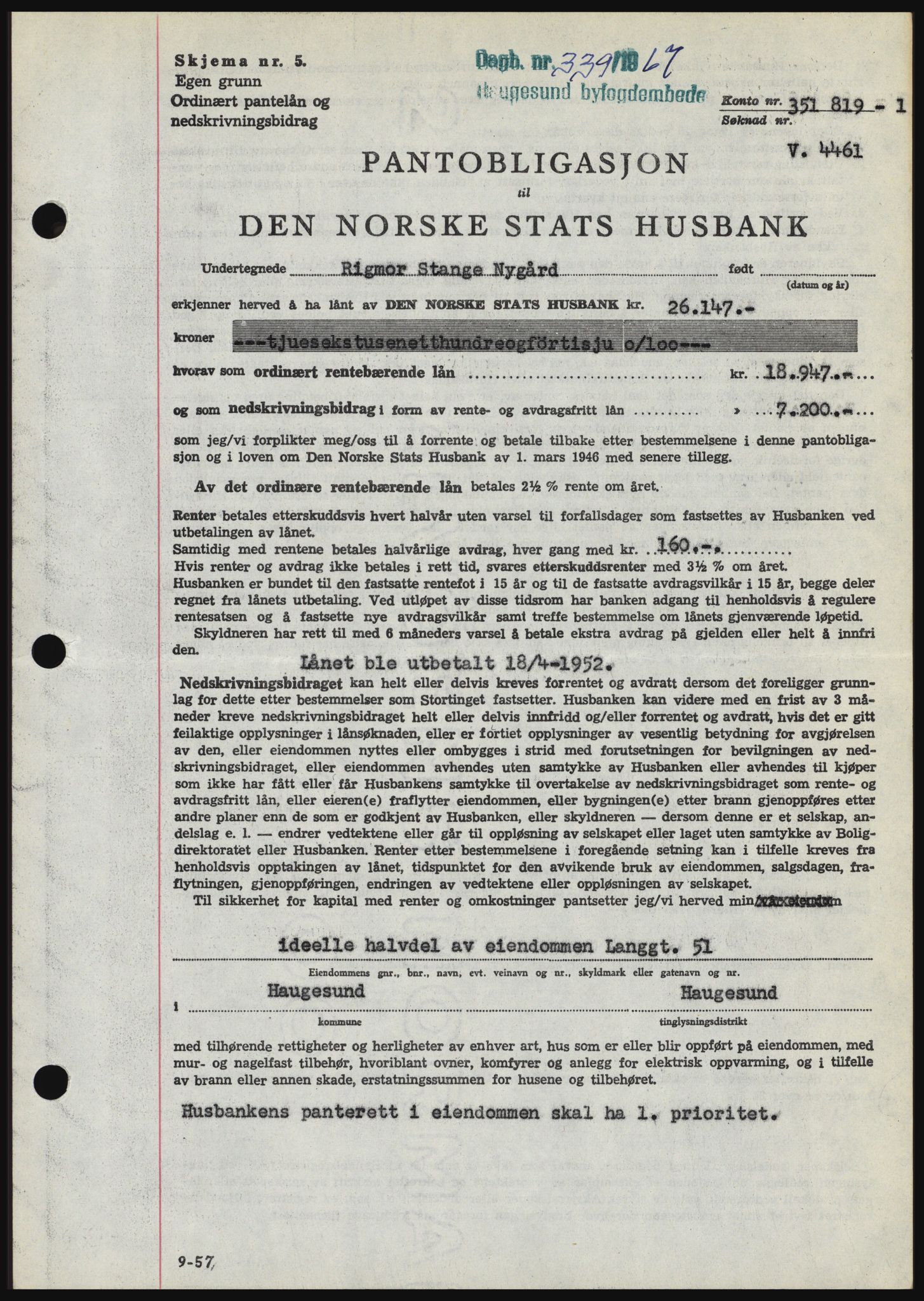 Haugesund tingrett, SAST/A-101415/01/II/IIC/L0056: Mortgage book no. B 56, 1966-1967, Diary no: : 339/1967