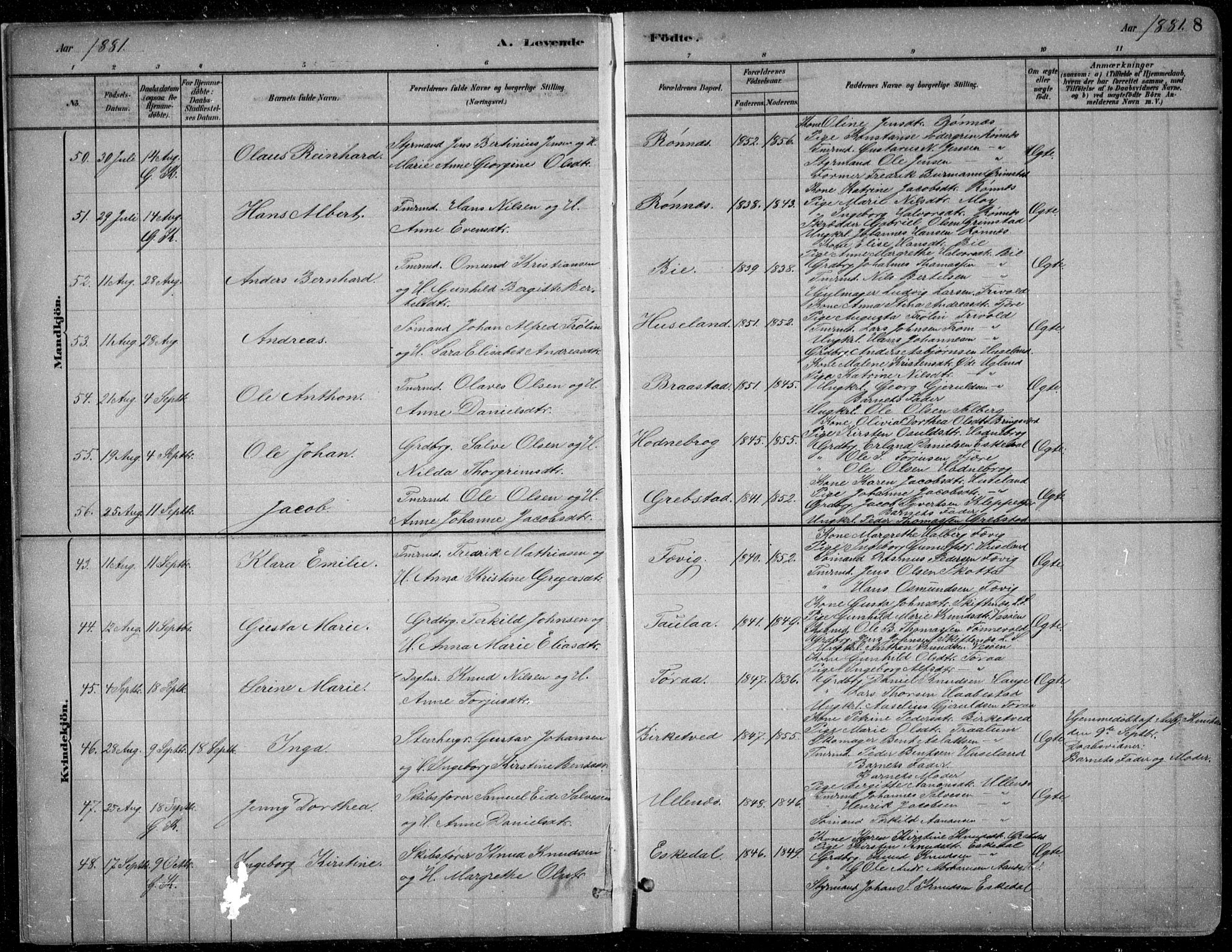 Fjære sokneprestkontor, SAK/1111-0011/F/Fb/L0011: Parish register (copy) no. B 11, 1881-1905, p. 8