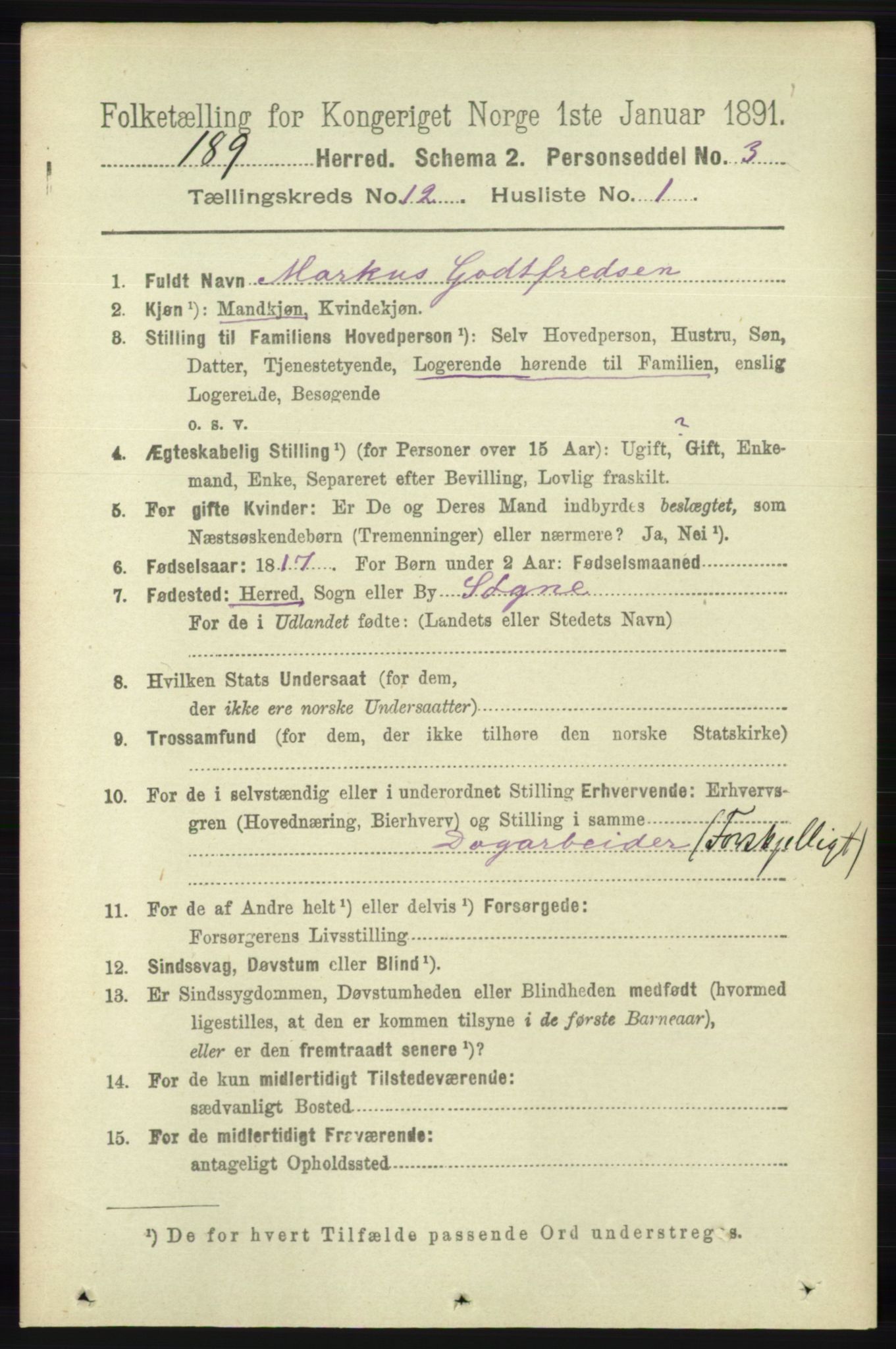 RA, 1891 census for 1018 Søgne, 1891, p. 3123