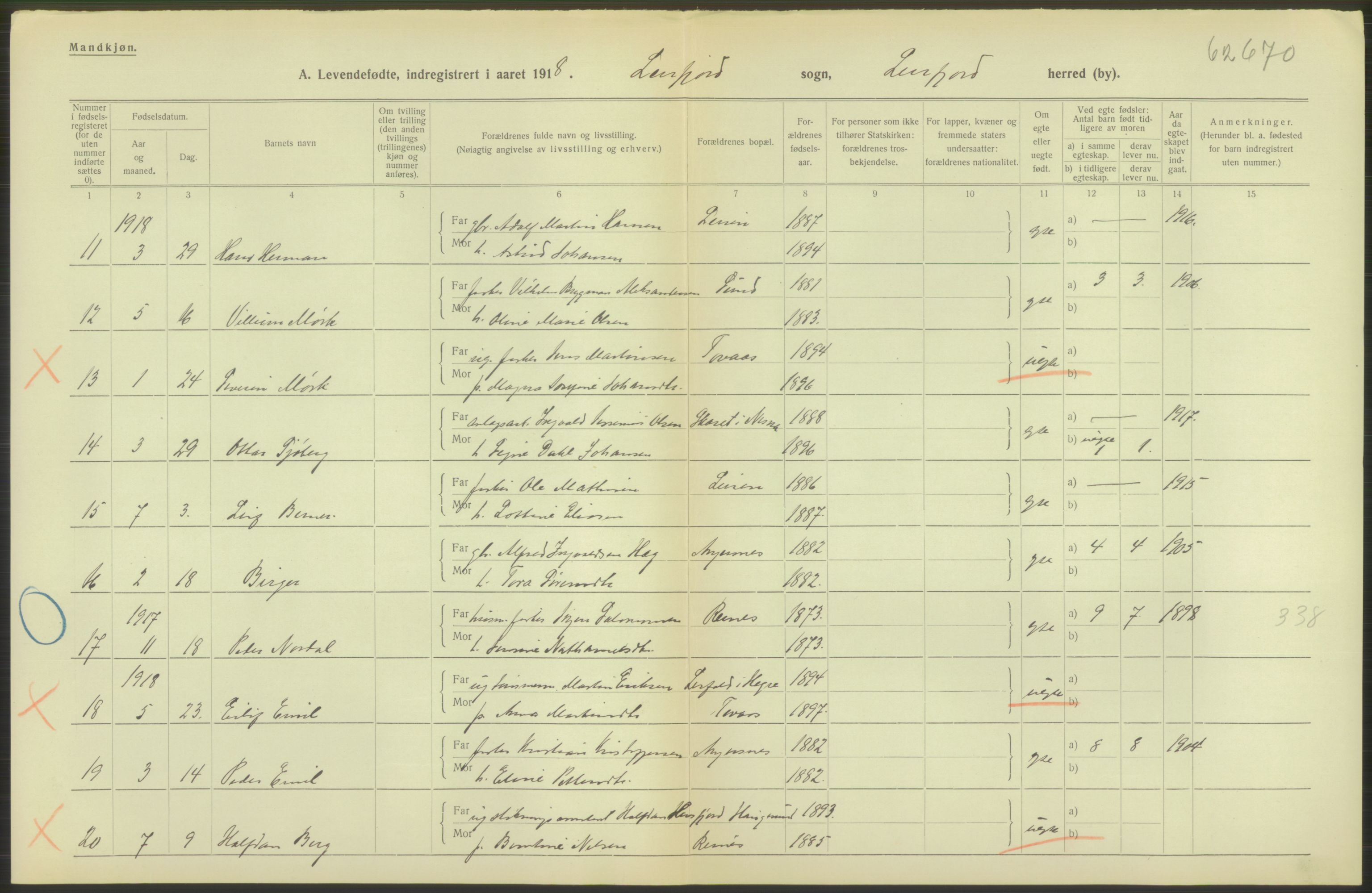 Statistisk sentralbyrå, Sosiodemografiske emner, Befolkning, RA/S-2228/D/Df/Dfb/Dfbh/L0052: Nordland fylke: Levendefødte menn og kvinner. Bygder., 1918, p. 88