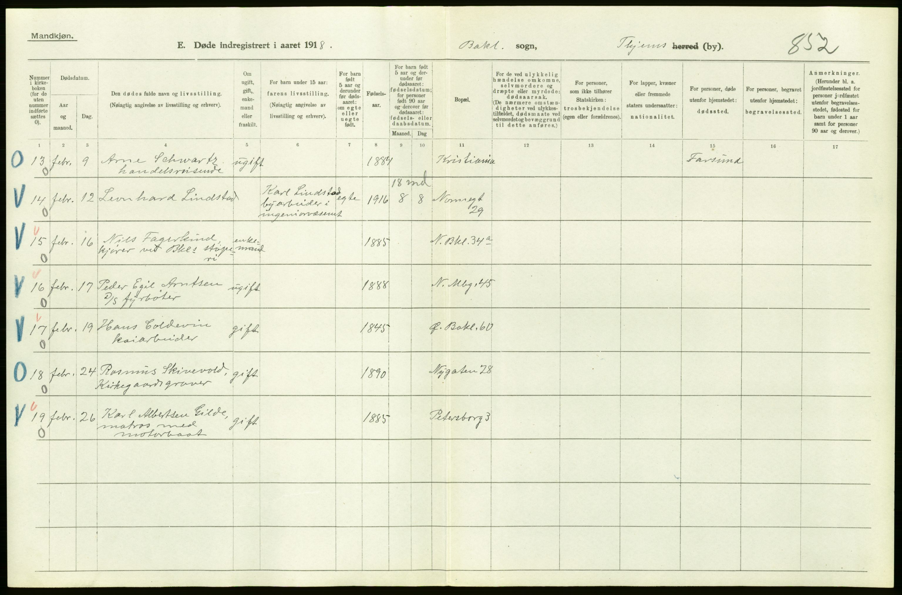 Statistisk sentralbyrå, Sosiodemografiske emner, Befolkning, AV/RA-S-2228/D/Df/Dfb/Dfbh/L0049: Trondheim: Døde, dødfødte., 1918, p. 36