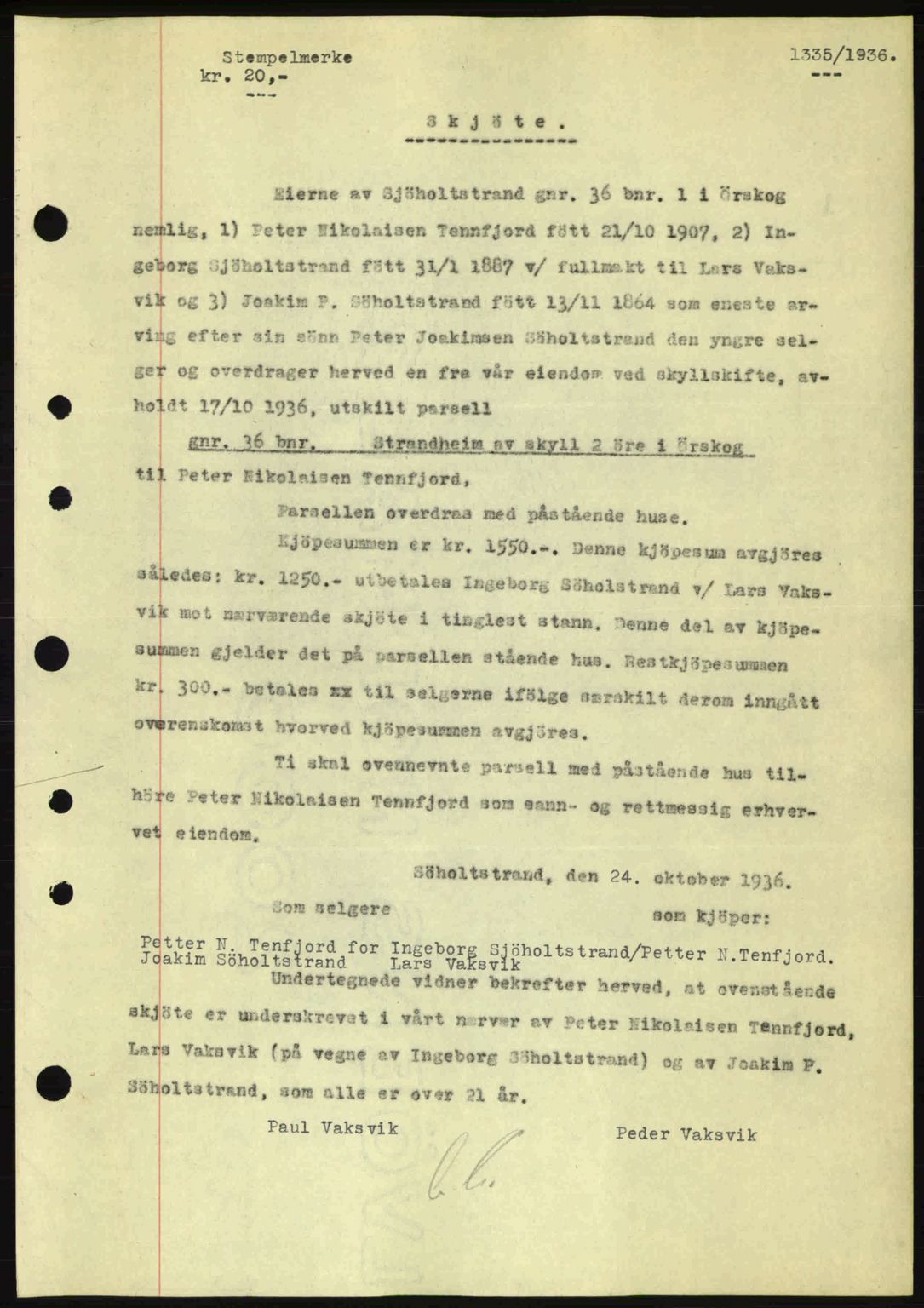 Nordre Sunnmøre sorenskriveri, AV/SAT-A-0006/1/2/2C/2Ca: Mortgage book no. A2, 1936-1937, Diary no: : 1335/1936