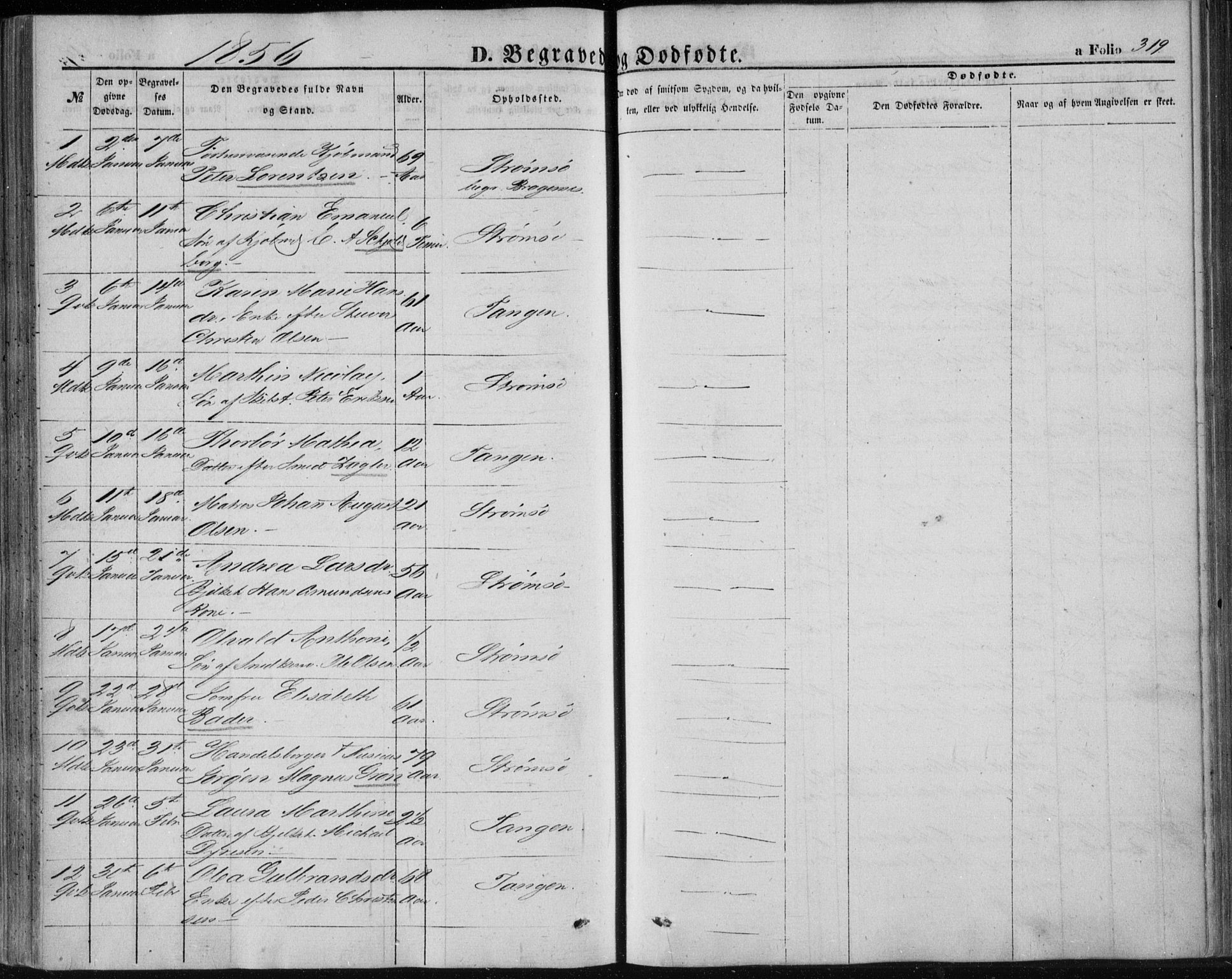 Strømsø kirkebøker, SAKO/A-246/F/Fa/L0014: Parish register (official) no. I 14, 1848-1858, p. 319