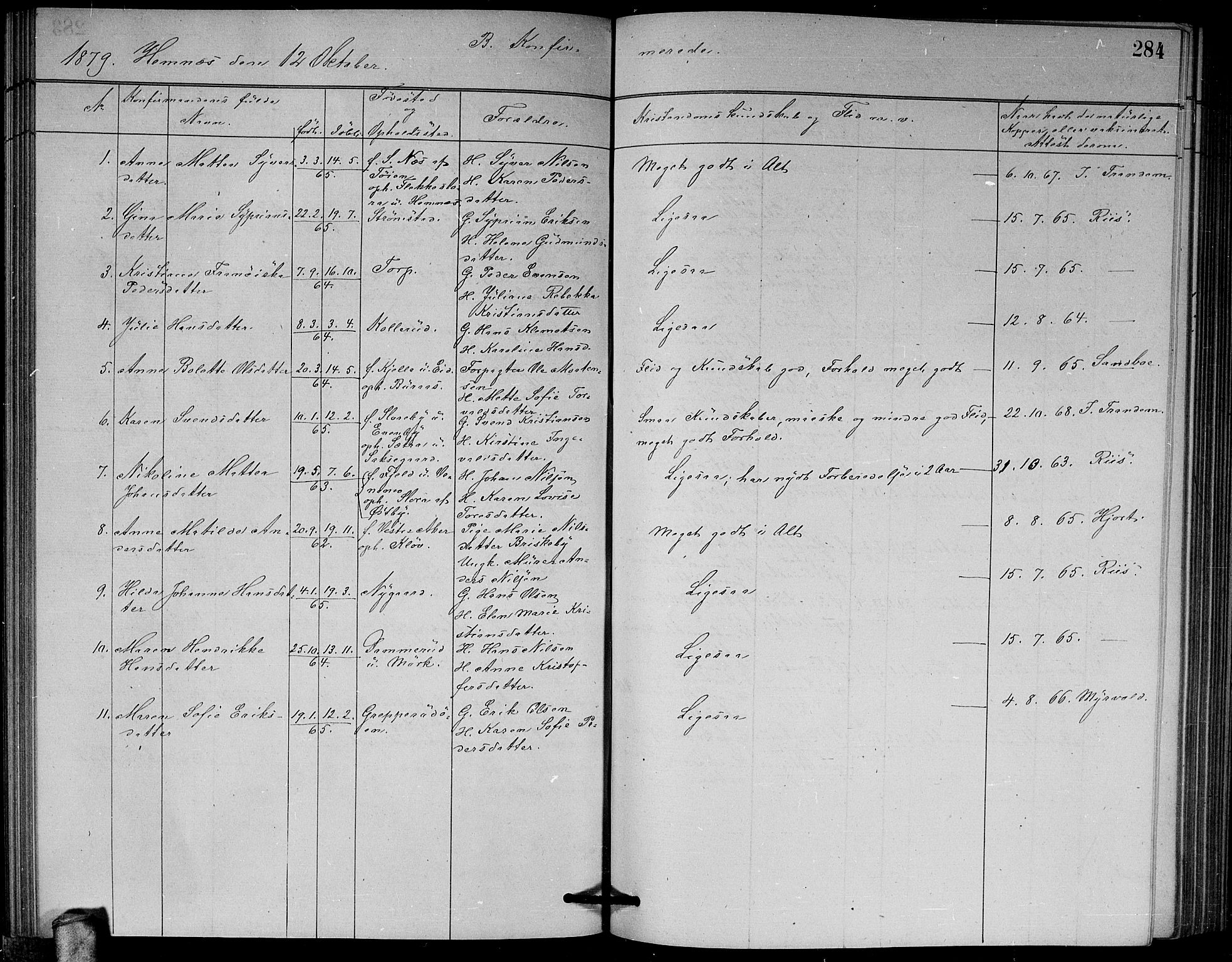 Høland prestekontor Kirkebøker, AV/SAO-A-10346a/G/Ga/L0006: Parish register (copy) no. I 6, 1869-1879, p. 284