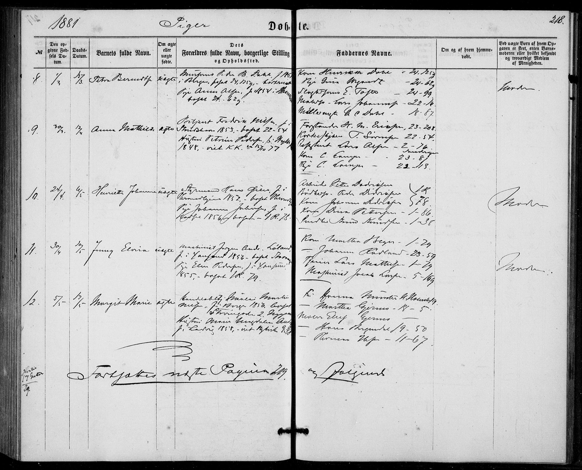 Fødselsstiftelsens sokneprestembete, ført av overlegen*, SAB/-: Parish register (official) no. A 1, 1863-1883, p. 218