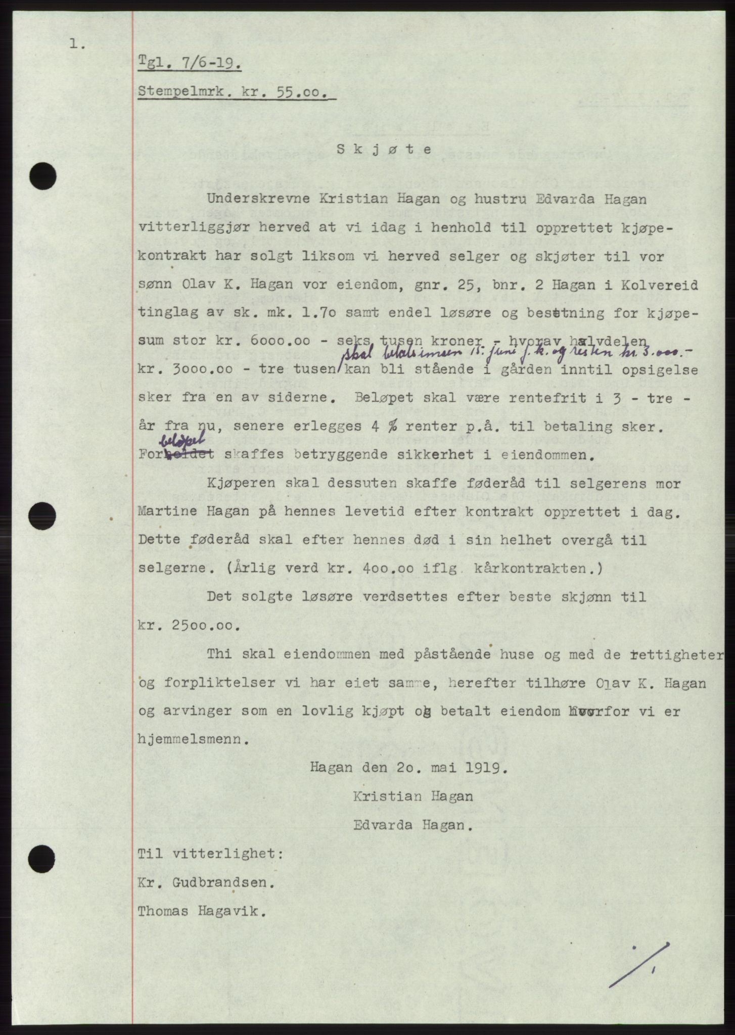 Namdal sorenskriveri, SAT/A-4133/1/2/2C: Mortgage book no. -, 1916-1921, Deed date: 07.06.1919