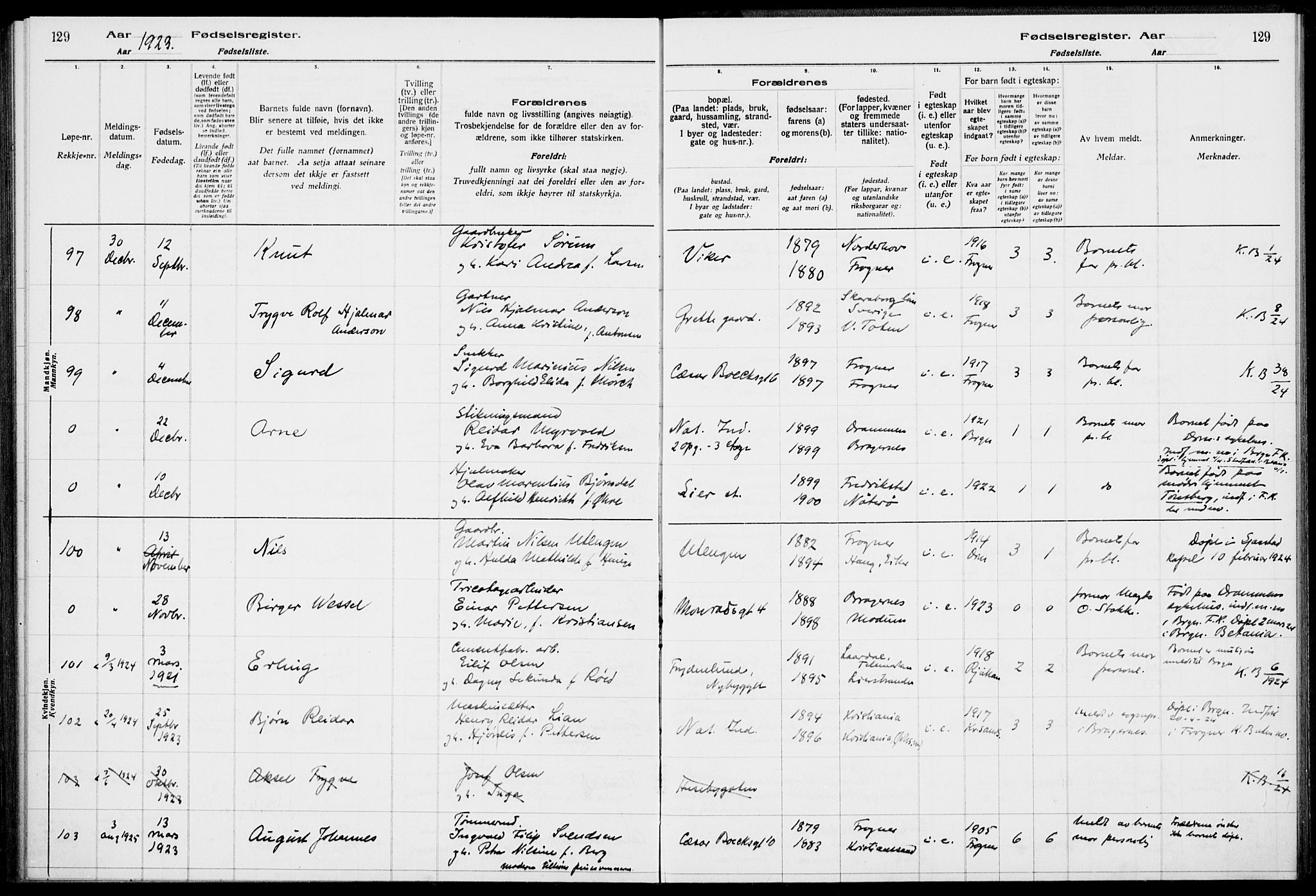 Lier kirkebøker, AV/SAKO-A-230/J/Ja/L0001: Birth register no. 1, 1916-1928, p. 129